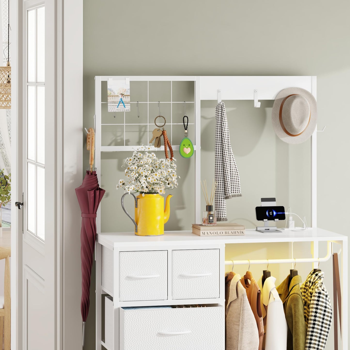 YAOHUOO Dresser with Hanging Rack, 6 Drawers Dresser with Charging Station, LED Light, Clothes Rack, Shoe Racks and Side Hooks for Entryway, Bedroom, White
