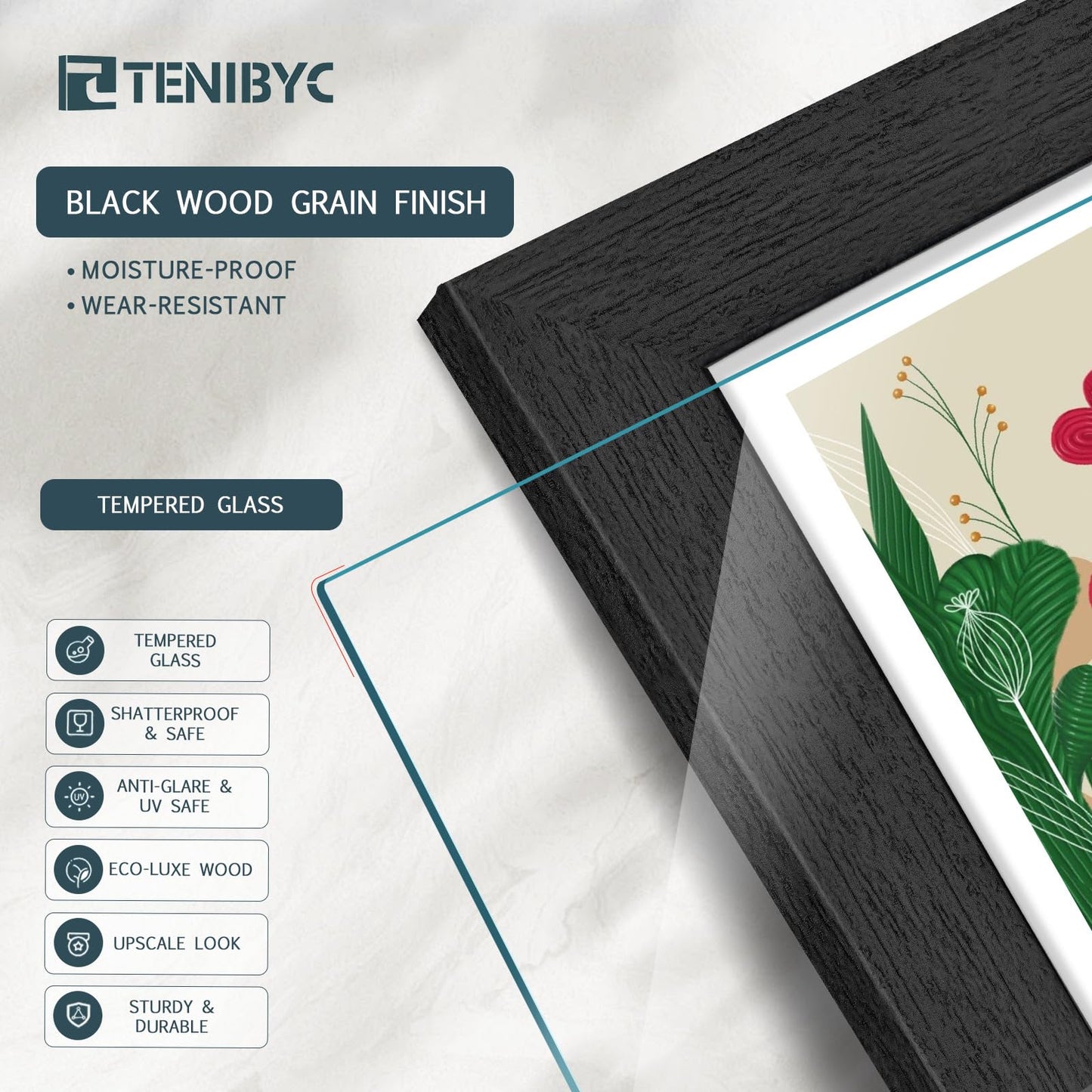 TENIBYC 5x7 Picture Frames Set - 3 Pack - Black Solid Wood Poster Frame - Tempered Glass - Exclusive Woodgrain - Rooms, Offices, Gallery, Studio, and Hallway, Wall Display Decor