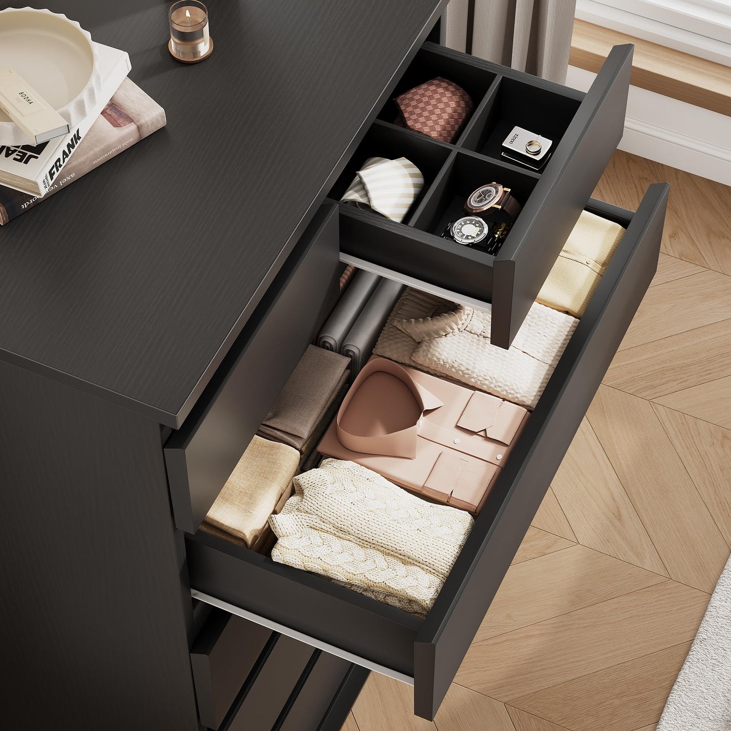 Jocoevol Black Tall 6 Drawer Dresser for Bedroom,Dressers & Chests of Drawers with Jewelry Storage,Wood Storage Dresser with Deep Drawers for Living Room Hallway Entryway(40.75" L*23.62" W*15.75")