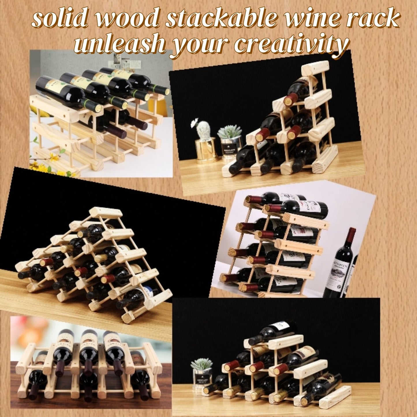 Spalivivre 12-Bottle Wooden Wine Rack, Stackable Modular Wine Rack, DIY Assembly Wine Storage Rack, Wine Bottle Holder for Inside Cabinet and Countertop