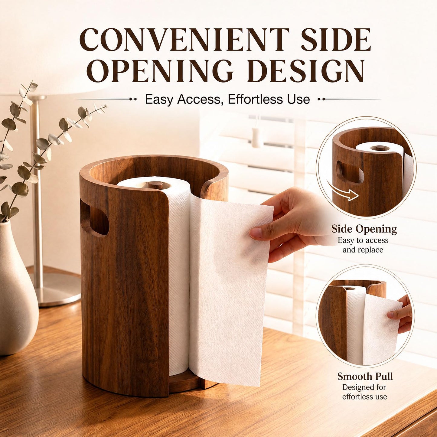 Ferrochef Acacia Wood Paper Towel Holder for Kitchen Countertop 10x7.3in with Splash Guard & Handle, Non-Slip Base, Rustic Farmhouse Paper Towel Stand for Home Office Bathroom Restaurant Hotel