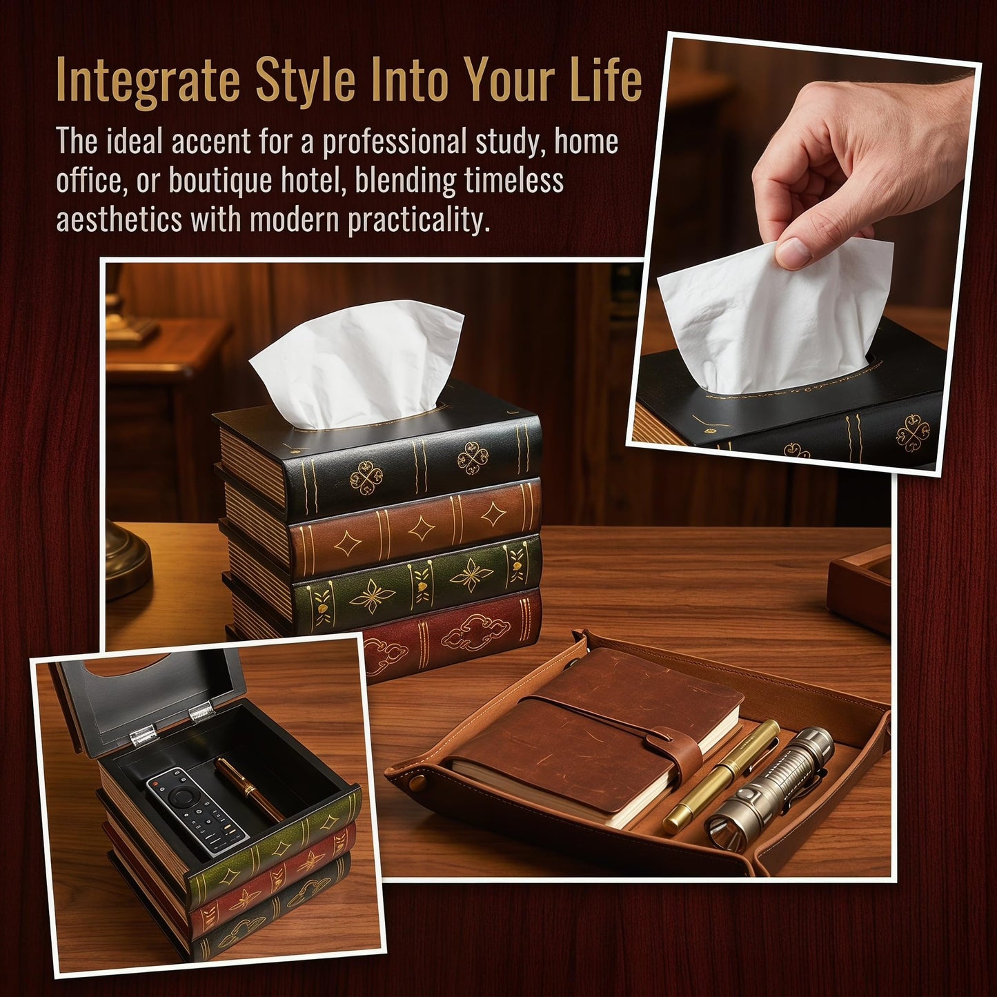 Hand-Made Retro Wooden Antique Book Tissue Box Cover Square Tissue Holder Dispenser Paper Cover Case Napkin Holder Home Decor for Bathroom Living Room Office car Kitchen (Dark Green)