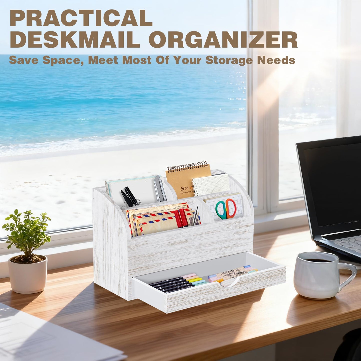 SeekElegant Wood Mail Organizer with Drawer & Pen Holder, White Mail Holder with 5 Detachable Compartments, Desk Organizer for Bill Envelope Storage, for Office Entryway Kitchen Countertop