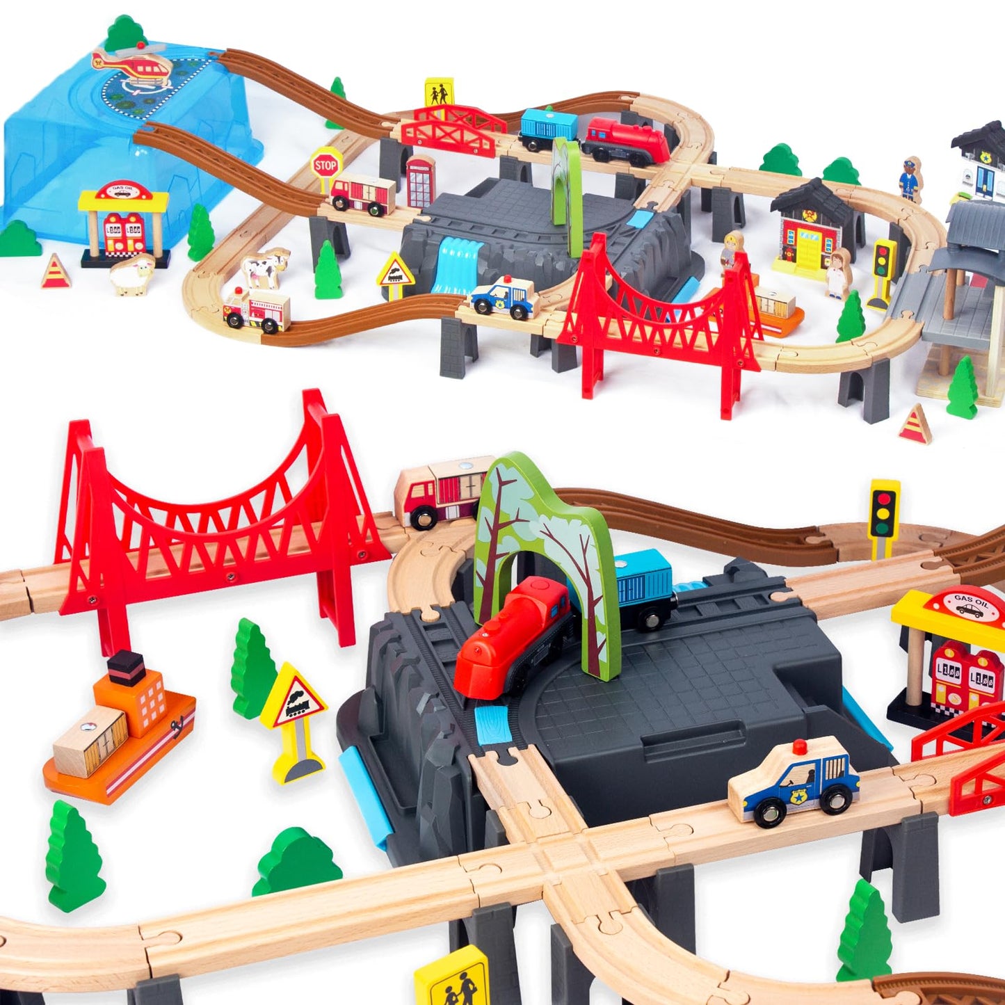WoodenEdu 100Pcs Wooden Train Set for 3 Year Old Boys, Double-Side Train Set Tracks with Bridge Train Station & Storage Box, Fits Brio, Thomas, Melissa and Doug, Kids Gift Toys for Boy 3-7 (100pcs)