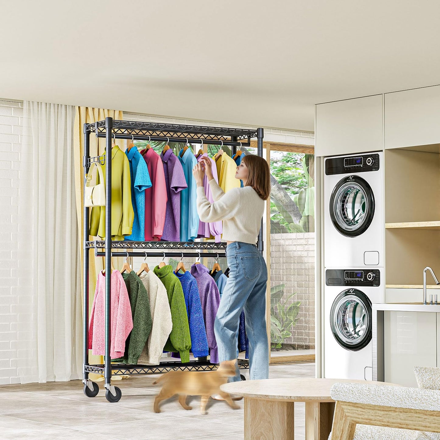 M MZG Heavy Duty Rolling Garment Rack 3 Tiers Adjustable Wire Shelving Clothes Rack with 2 Rods and Side Hooks,Storage Closet Clothing Rack with Wheels Black 15.7" D x 45.3" W x 79.6" H