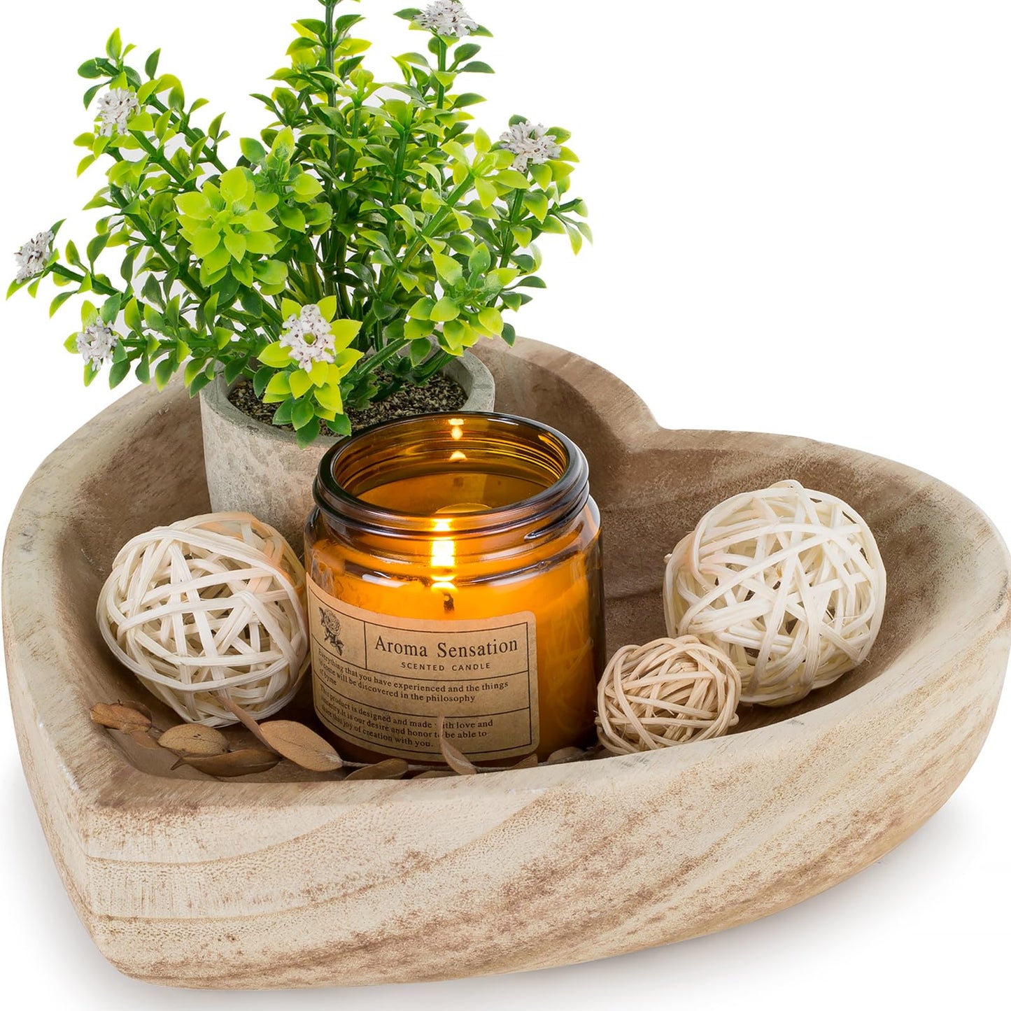 Hanobe Decorative Bowls for Entryway Decor: Small Heart Shaped Wood Key Bowl for Coffee Table Decor - Neutral Prayer Bowls for Home Kitchen Living Room, 7.8"