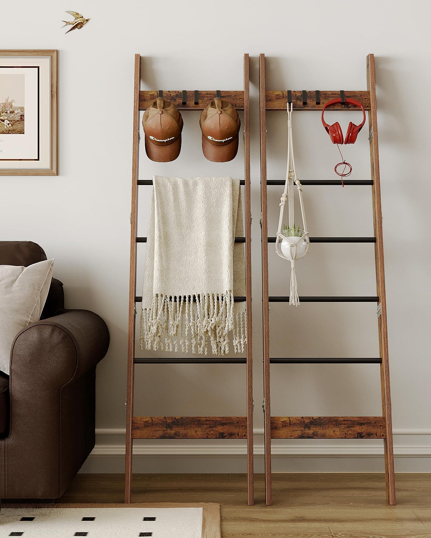Hzuaneri Blanket Ladder for Living Room, Decorative Quilt Rack with 4 Removable Hooks, 5-Tier Farmhouse Ladder Holder Shelf Organizer for Bedroom, Rustic Brown and Black BR31501B