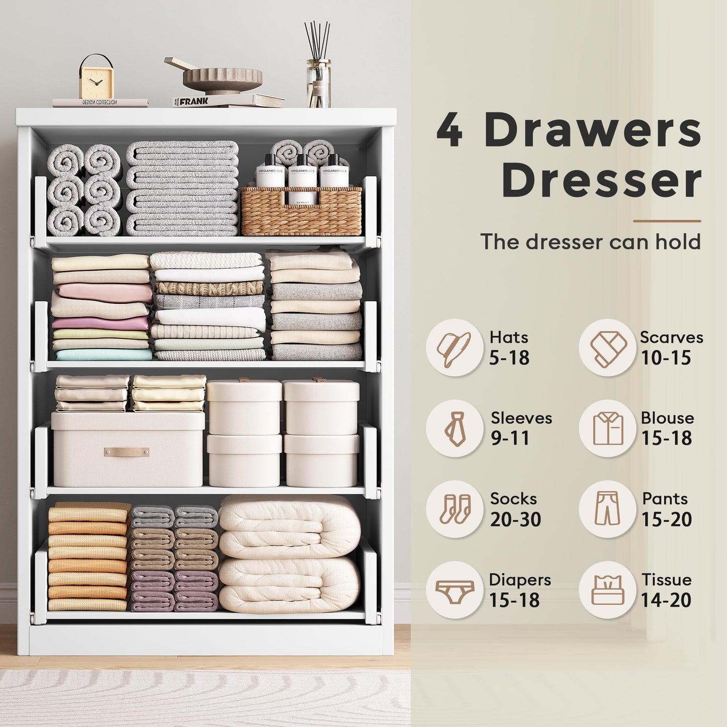 Jocoevol 4 Drawer Dresser for Bedroom, White Dresser Chest of Drawers - Large Wood Dressers TV Stand with Deep Drawers Dressers for Living Room, Hallway, Entryway - White