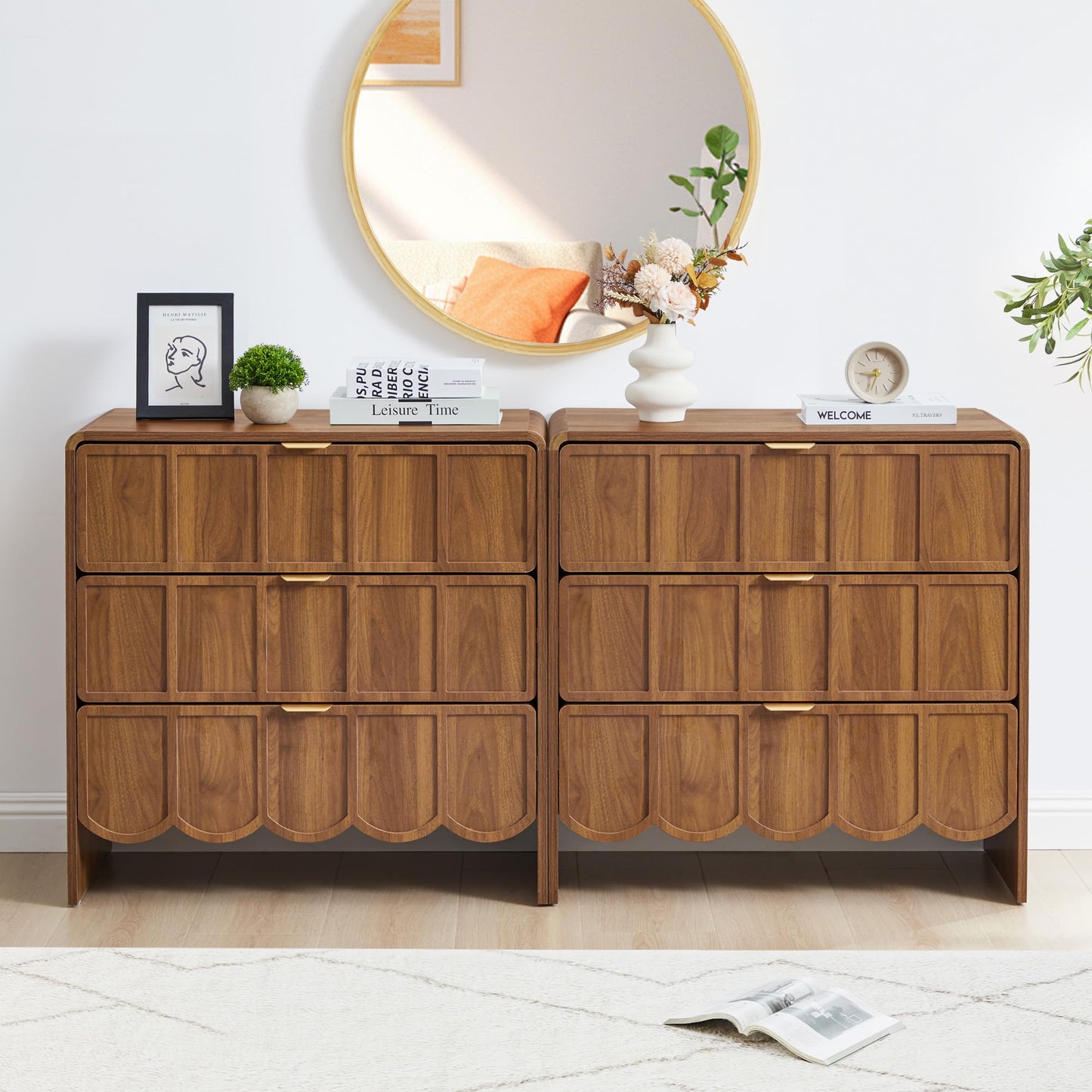 ORRD 3 Drawer Dresser for Bedroom, Modern Closet Chest of Drawers with Wave Fluted Drawer, Wood Storage Small Dresser Organizer for Nursery Bedroom Living Room Hallway Closet (Walnut)