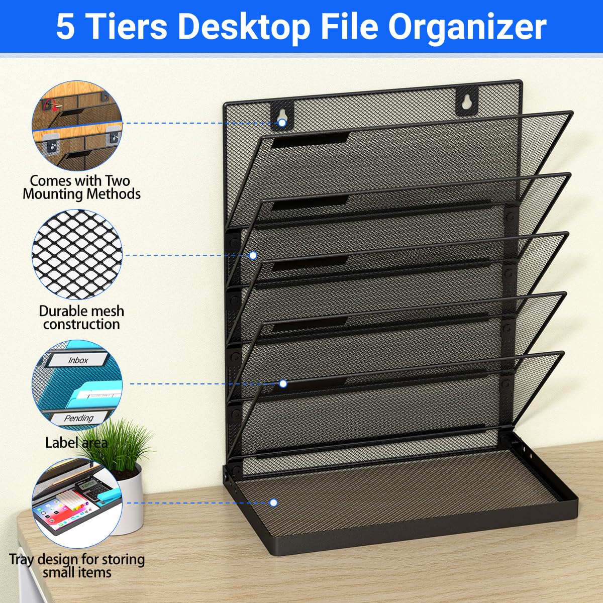 Legal/A4/Letter Size/A3 6 Tier Wall File Organizer,2-in-1 Wall Mounted&Desktop File Holder,2 Installation Methods Screws & Adhesive,Mesh Document Organizer with Label Plate for Home Office