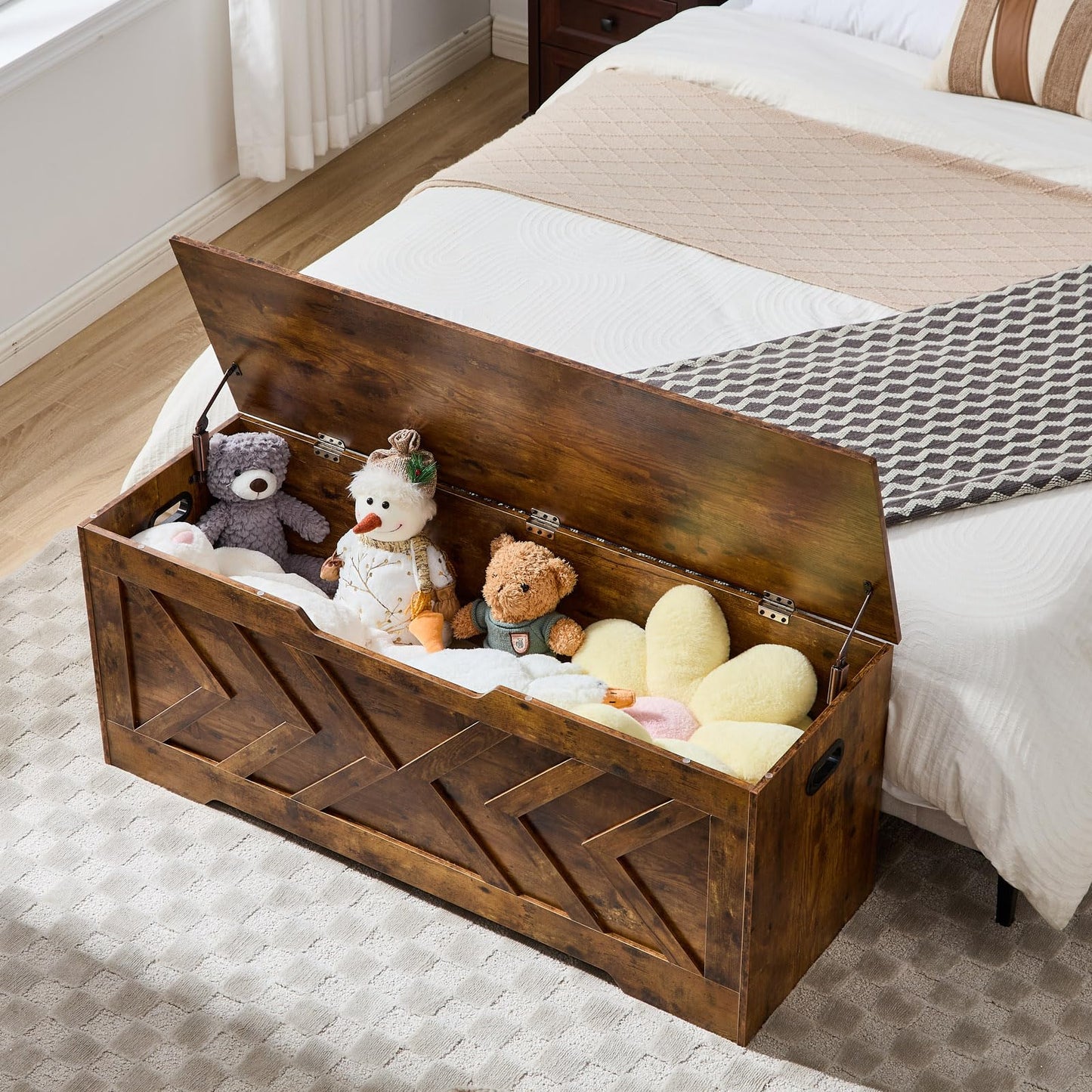XDliv 47.2” Storage Bench,Extra Large Wooden Storage Chest with 2 Safety Hinges,entryway Bench,Blanket Storage,Shoe Storage Bench for Entryway,Bedroom,Living Room,Easy Assembly.-Rustic Brown