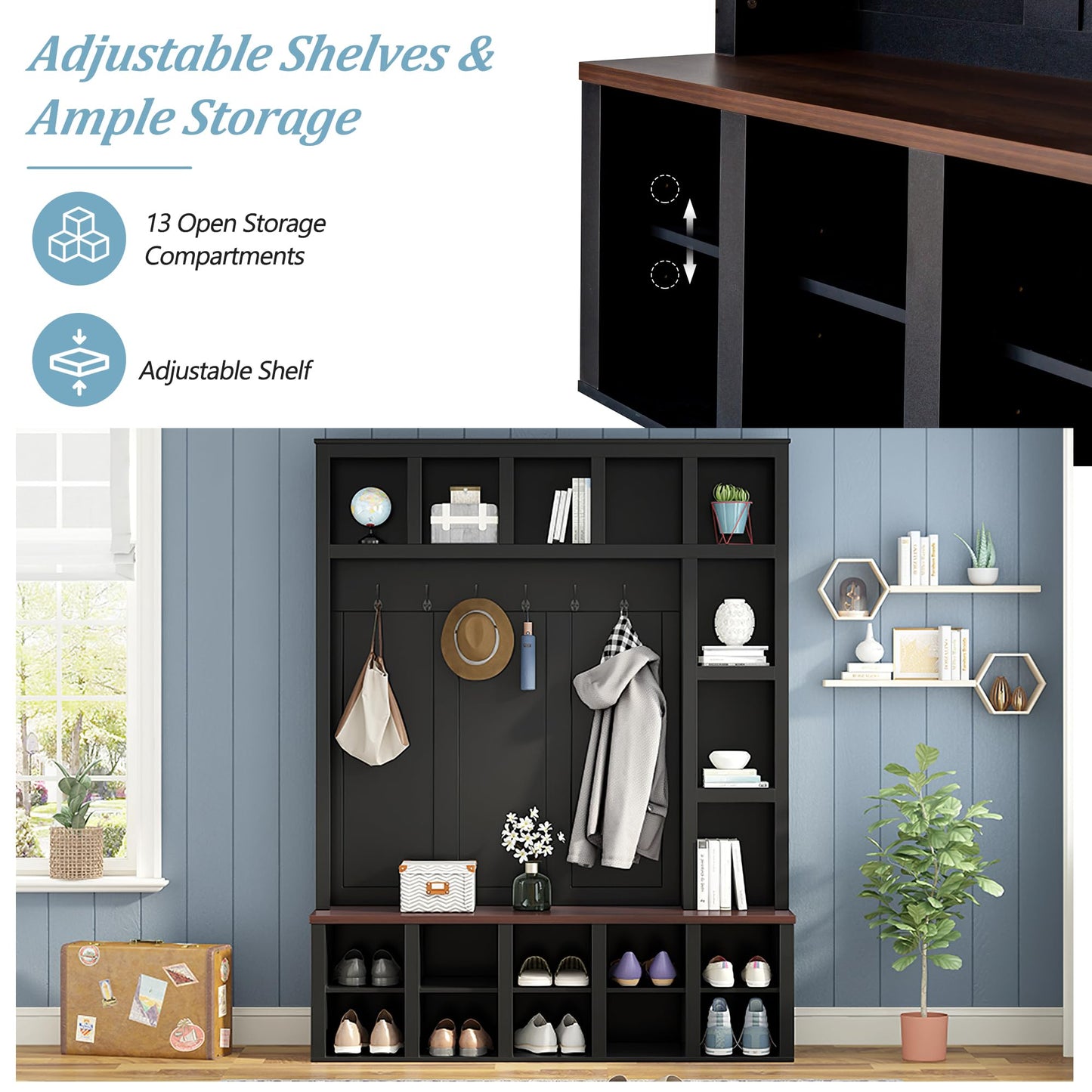 Merax Hall Tree with Bench and Shoe Storage, Farmhouse Wooden Coat Rack with 6 Hooks, Built-in 18 Open Compartments, for Entryway, Living Room, Black