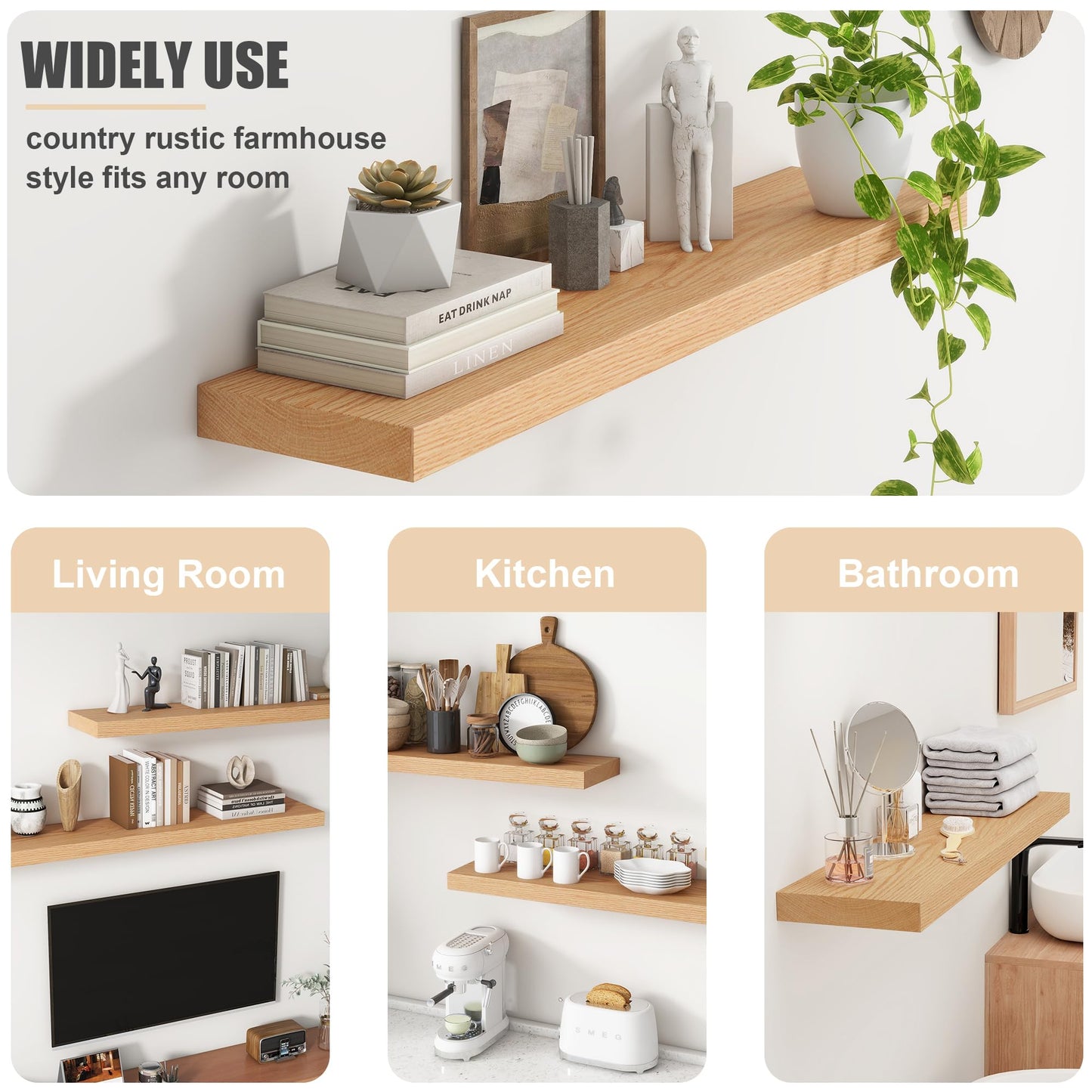 Floating Shelves for Wall, USA-Sourced Oak Wood 24 Inch Wall Shelves Set of 2, Natural Wooden Wall Mounted Picture Ledge Shelf, Nursery Book Storage Shelf Kids Bookshelf, Display Shelf for Bathroom