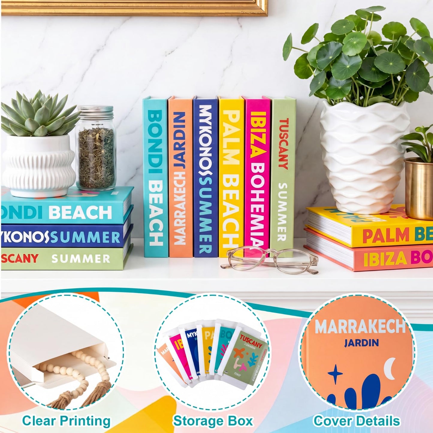 Leinuosen Set of 6 Decorative Books for Home Decor, Fake Books Stack with Wooden Beaded Garland Tassel for Coffee Table Bookshelf Mantel Hidden Storage Boxes Modern Home Decor(Travel)