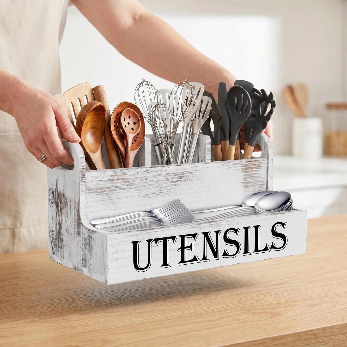 SHAXIXI Wooden Utensil Holder Kitchen, Country Style Cutlery Holder With Drainage Holes In The Bottom (Washed White)