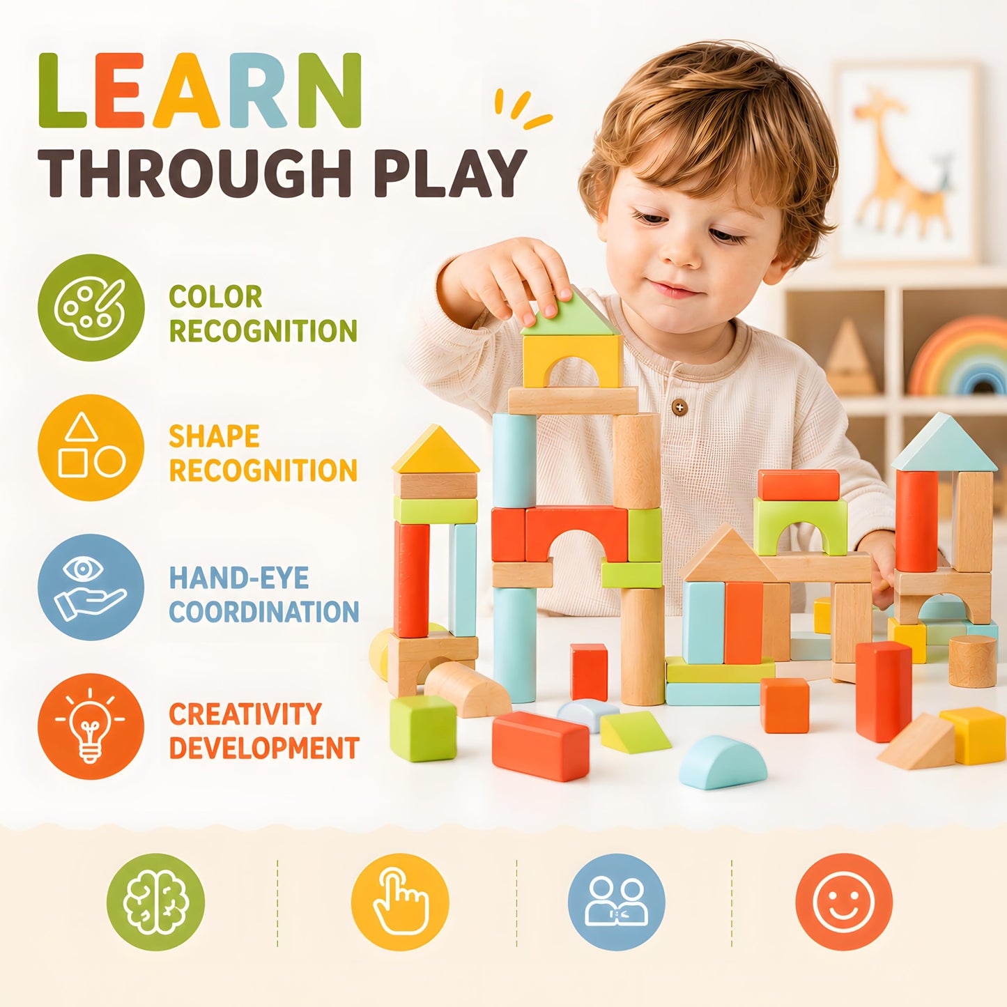SproutSpace 100pcs Building Blocks for Toddlers 1-3, Wooden Blocks for Kids with Storage Bucket and Shape Sorter, Stacking Toys or 1 2 3 Year Old, Learning Toys for Preschool Girls and Boys