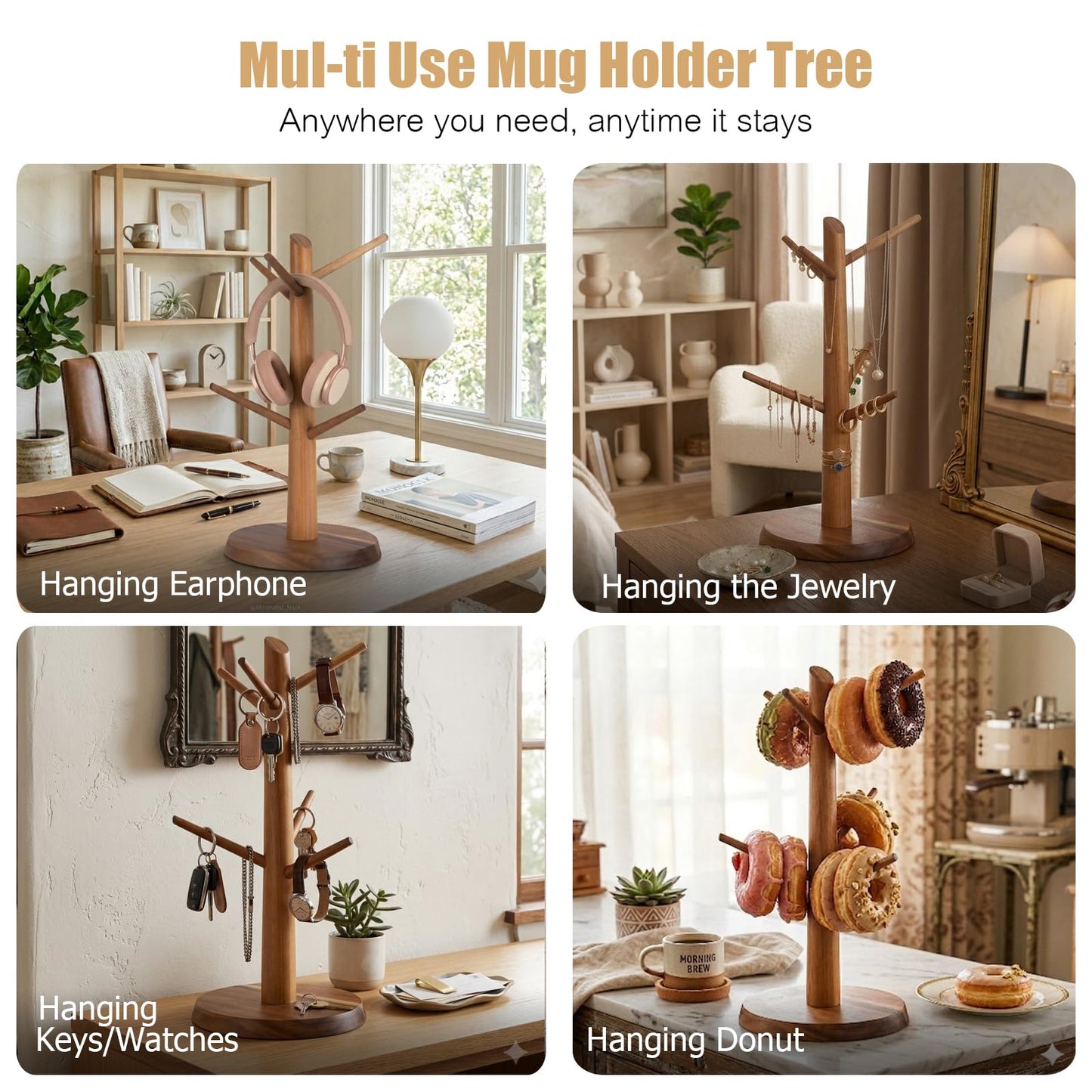 Onedeful Mug Holder Tree, Acacia Wood Mug Rack with Stable Base, 6-Hook Mugs Stand for Tea & Coffee Cups, Kitchen Countertop & Coffee Bar Organizer