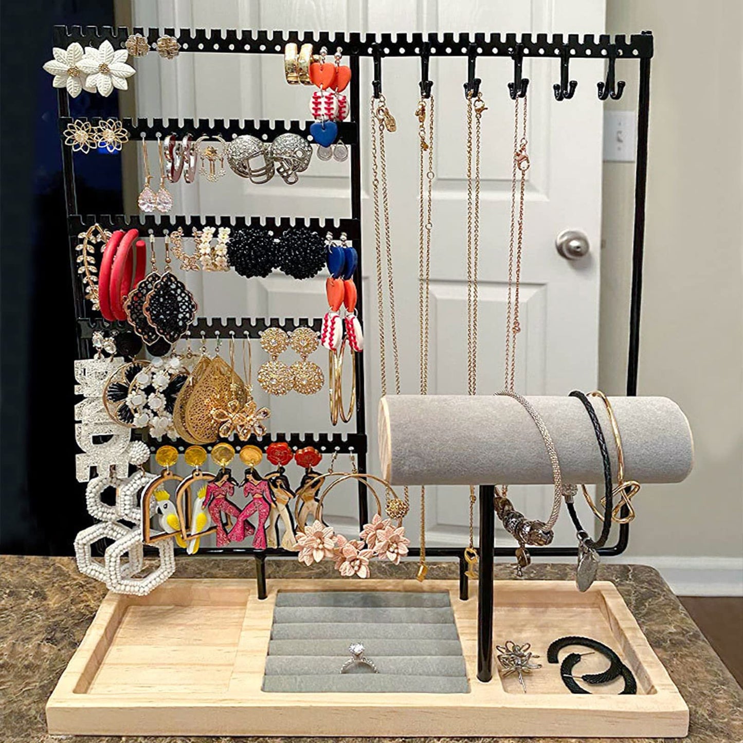 HINIHAO Earring Holder,5-Tier Ear Stud Holder with Wooden Tray, Jewelry Tower Rack with 108 Holes, 12 Hooks Necklaces Hanging, for Bracelets Earrings Rings Watches (Black)