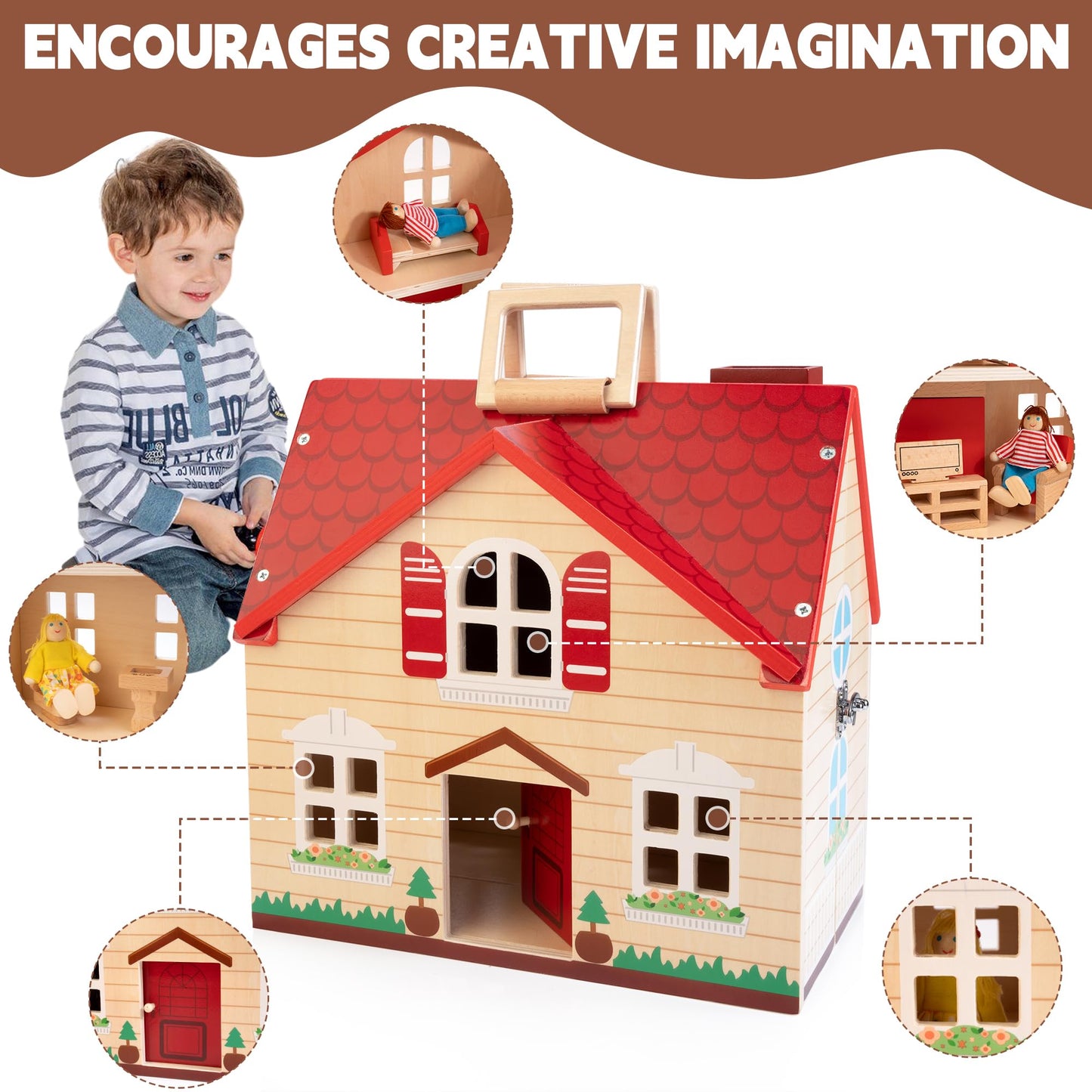Foldable Wooden Dollhouse with 13PCS Furniture, 4 Rooms and 2 Flexible Dolls, Pretend Play Doll House Set with Portable Handle, Christmas Birthday Gift for Boys Girls Age 3+, Cottages