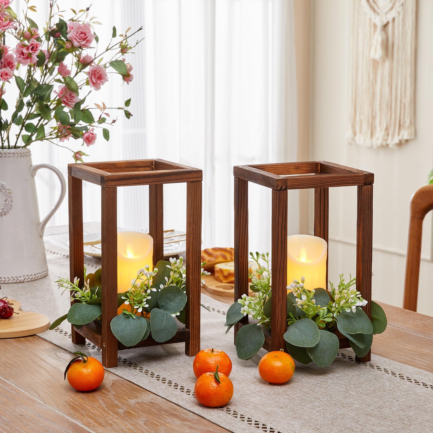 Neoflavie 42 Pcs /14 Set Wooden Wedding Lantern Centerpiece-Wooden Candle Lantern Bulk Includes 14 Farmhouse Wooden Candle Holder 14 Flameless LED Candles 14 Eucalyptus Leaves Wreath for Decoration