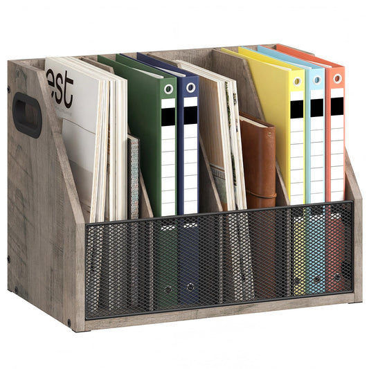 CHOEZON Wooden Desktop File Organizer with Removable Dividers, Mesh Front Panel for Paper, Mail, Magazine, Home Office Desk Storage, Easy Assembly, Greige MWJ06FH
