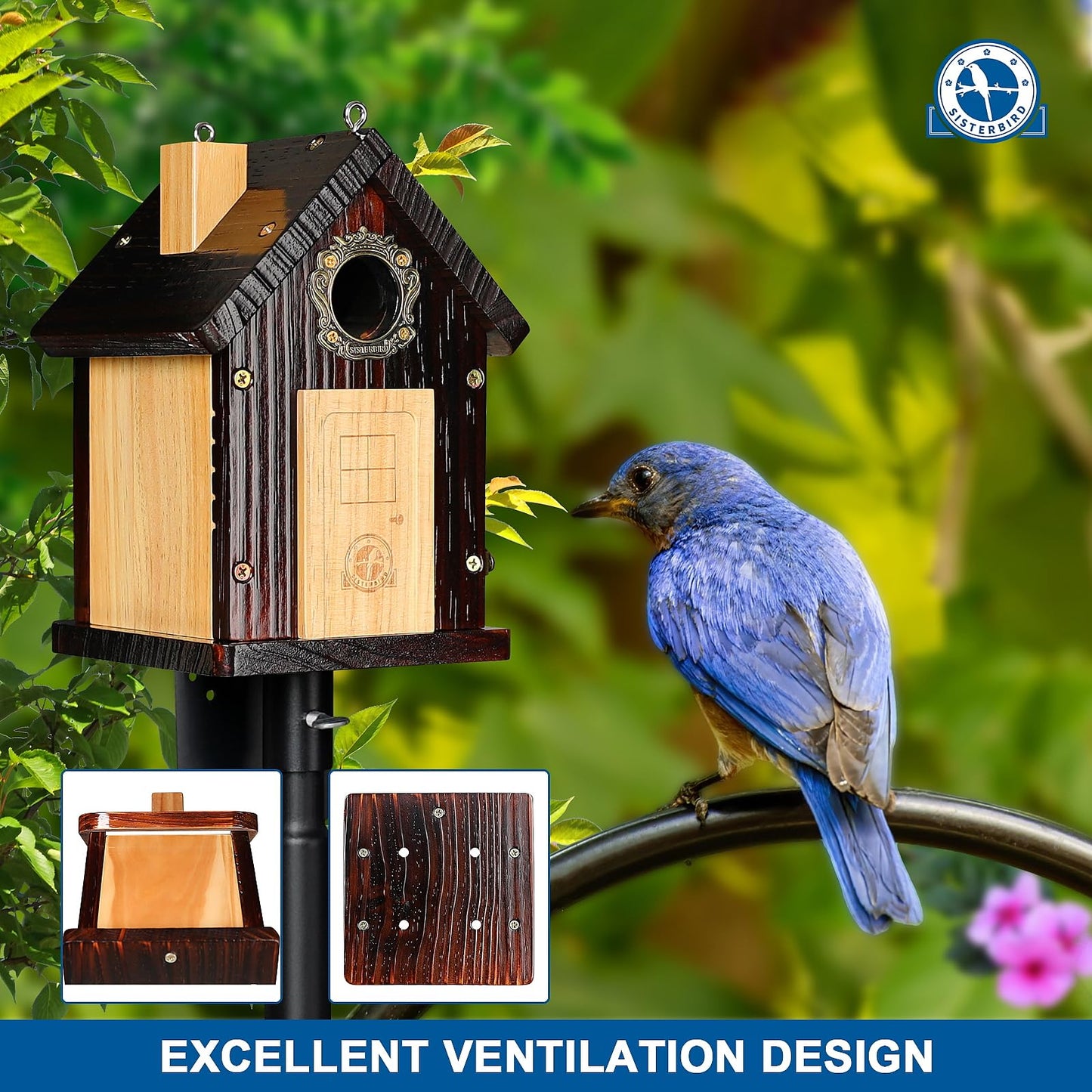 SISTERBIRD Pack of 2 Premium Bluebird Houses for Outside, All Seaons Bird Houses for Outside, Wooden Cabin Birdhouses for Outdoors, Weatherproof Courtyard Decorated Hanging Bird House