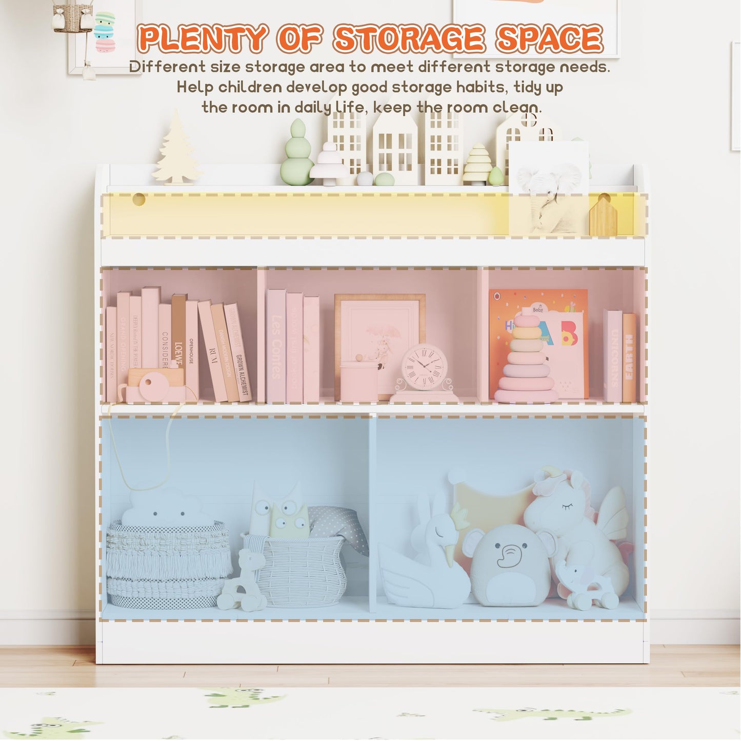Lkeiyay Open Shelf Kids Bookcase,Montessori Toy Organizer with LED Lights - White Wooden Open Bookcase for Kids, Bedroom, Back to School,Playrooms & Nurseries
