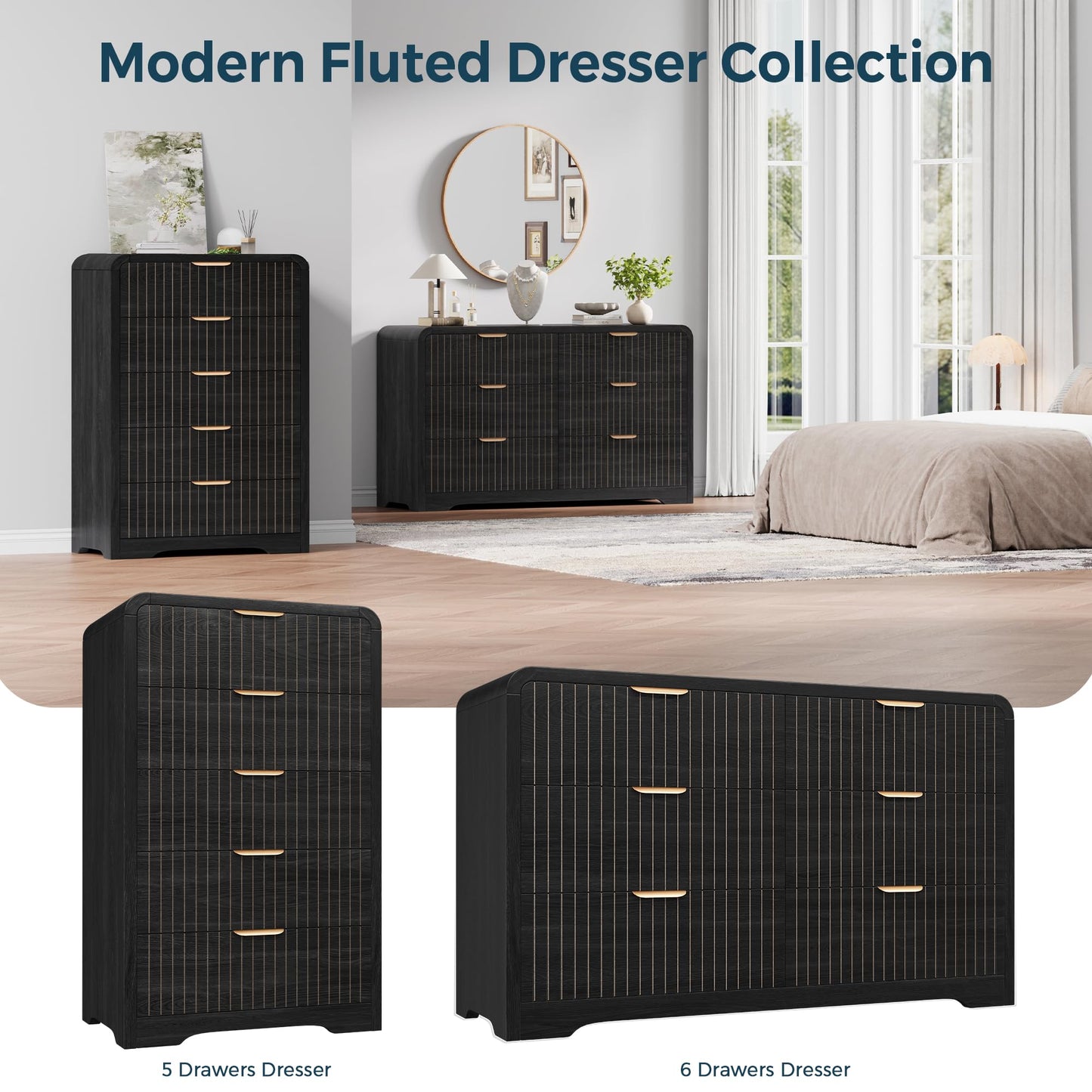 Jocoevol Modern 6 Drawer Dresser for Bedroom, 47" Wide Wood Dressers & Chests of Drawers Curved Profile Design, Mid Century Modern Fluted Dresser for Bedroom, Black Dresser
