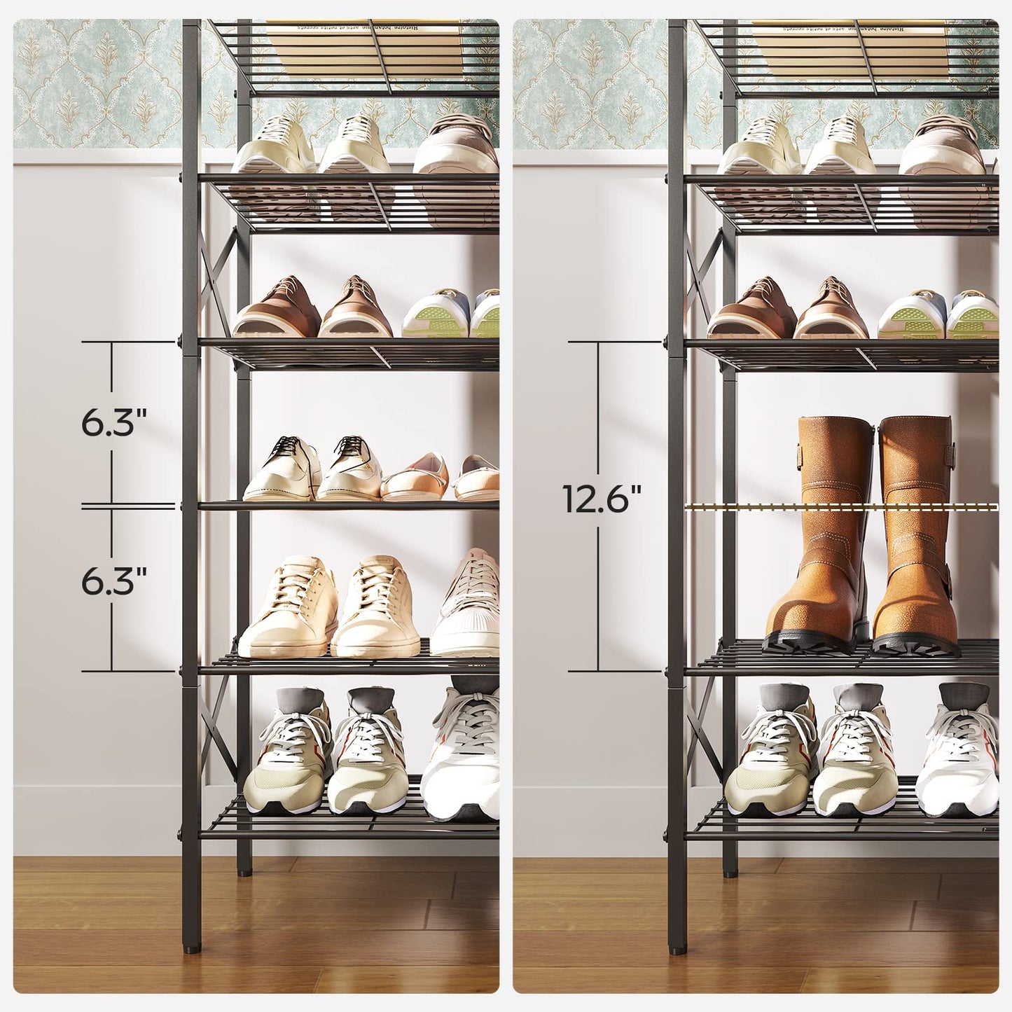 YATINEY 10 Tier Shoe Rack and 4 Tier Shoe Rack, Large Capacity Shoe Storage Organizer, Metal Shoe Shelf with Drawer and Wooden Top, for 16 Pairs of Shoes, for Entryway, Closet SS10BCG1-SS24BR