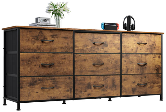 WLIVE 54''W Dresser for Bedroom, Dresser TV Stand for 55, 60, 65 inch TV, Wide Chest of Drawers with 9 Drawer, Large Entertainment Center, Fabric Dressers with Wood Top for Living Room, Rustic Brown