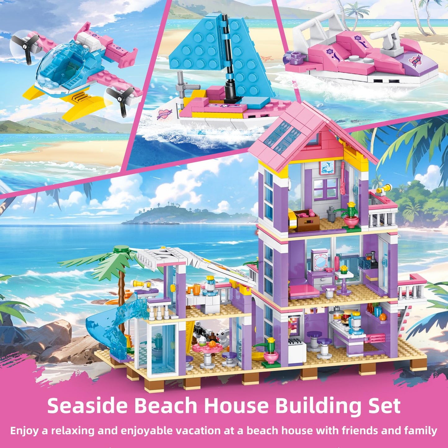 WINGIFT 955 Piece Beach House Building Set,Seaside Beach Villa Building Toys Friends Vacation Hut Blocks Set,STEM BuildingToys with Helicopter,Yacht,Sailboat,Christmas Birthday Gift for Girl Age 6-12+