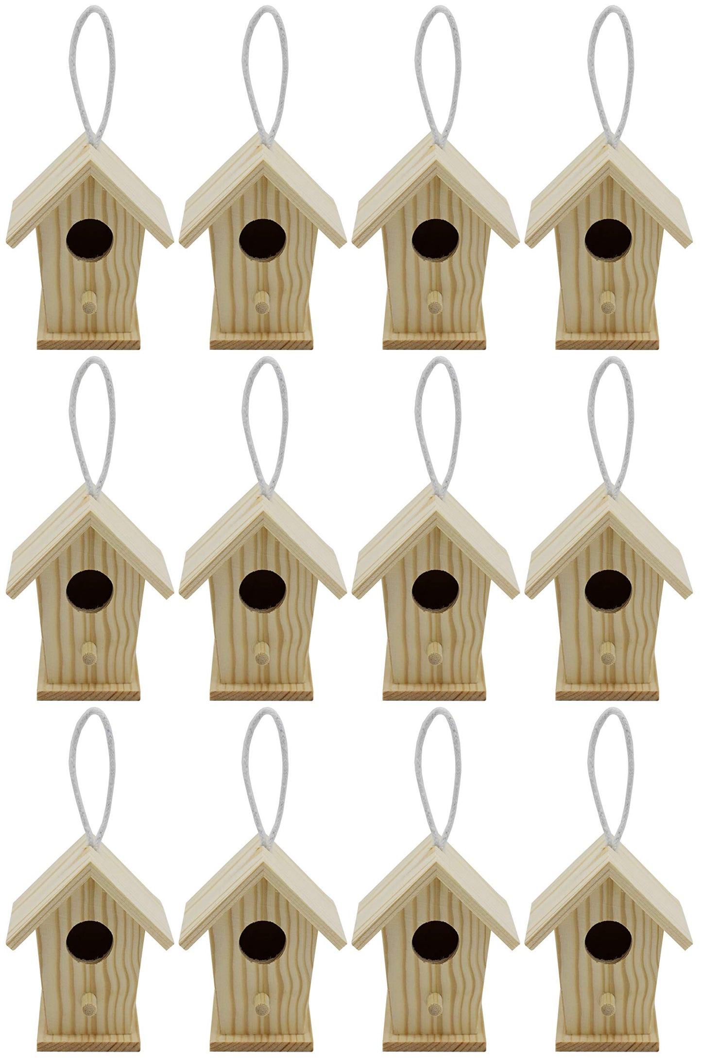 Creative Hobbies 12-Pack of Mini Wooden Bird Houses to Paint, with Hanging Cords, Unfinished DIY Design Your Own Great for Crafts, Weddings, Bible Camp and More!