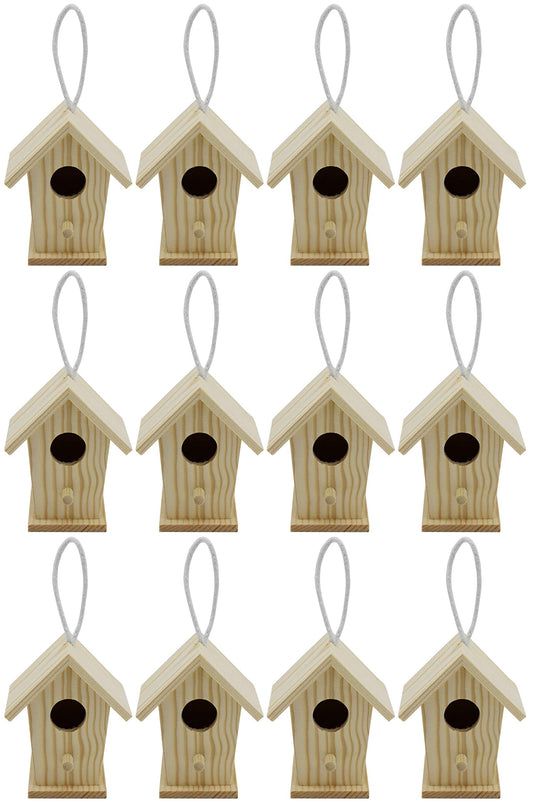 Creative Hobbies 12-Pack of Mini Wooden Bird Houses to Paint, with Hanging Cords, Unfinished DIY Design Your Own Great for Crafts, Weddings, Bible Camp and More!