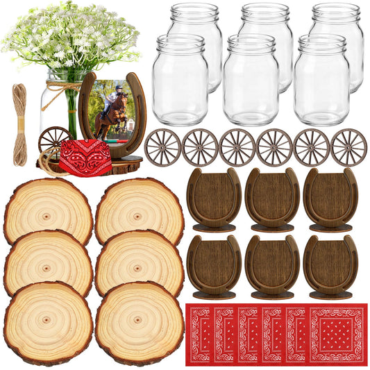 Bucherry 6 Sets Western Cowboy Centerpieces for Table Wild Cowgirl Rodeo Party Decorations with Wood Chips Wheels Mason Bouquets Ropes Horseshoe Headscarves for Wedding Party Birthday Decor(Classic)