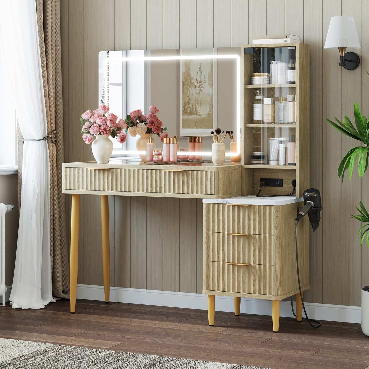 MilleLoom Makeup Vanity Desk with Lights, Fluted Wooden Dressing Table with 5 Drawers and Adjustable Shelves, Makeup Vanity Table Modern Glass Top with Charging Station for Bedroom (Oak)