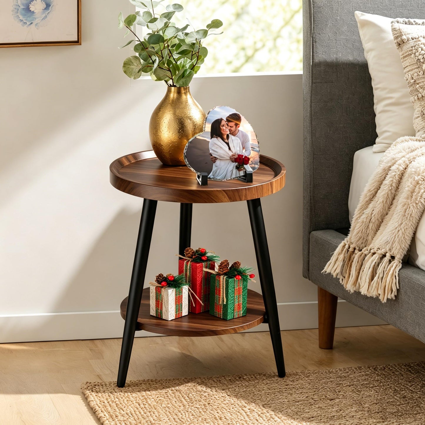 FANTERSI Small Round Side Table, 2-Tier Mid Century Modern Side Table, Round End Table Small End Table for Living Room, Metal Frames, Brown