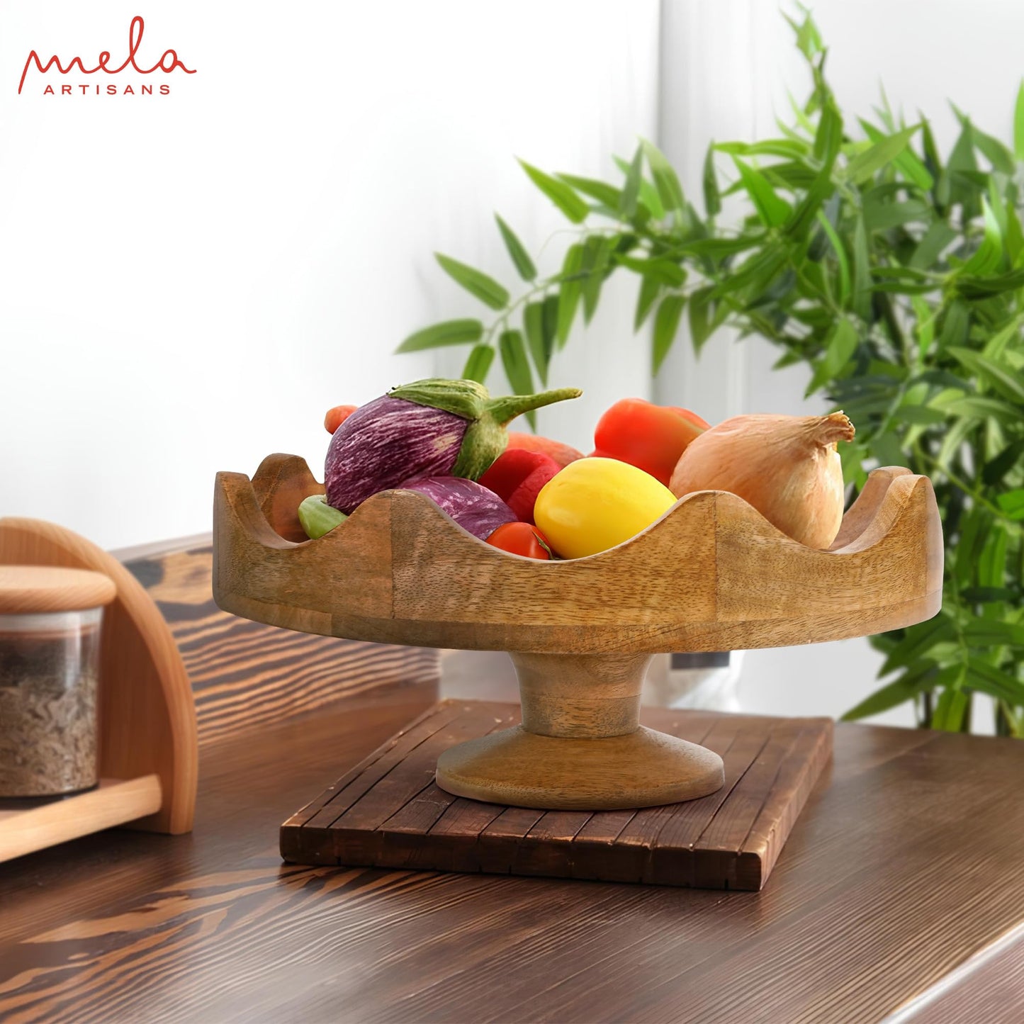 Mela Artisans 12 in Wide x 4 in Tall Mango Wood Footed Bowl – Hand-Carved Scalloped Decorative Serving and Fruit Pedestal Bowl for Kitchen Counter, Snacks, Bread and Home Decor