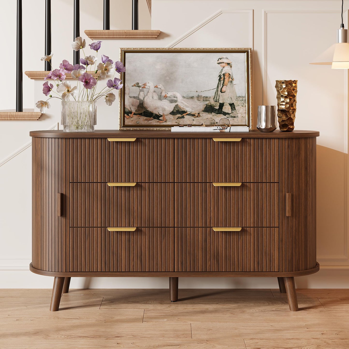 Decofy Fluted 6 Drawers Dresser, 55'' Wide Mid Century Modern Chest of Drawers with Sliding Door & Metal Handles, Curved Profile & Sturdy Legs, Wood TV Stand for Bedroom, Living Room (Walnut)