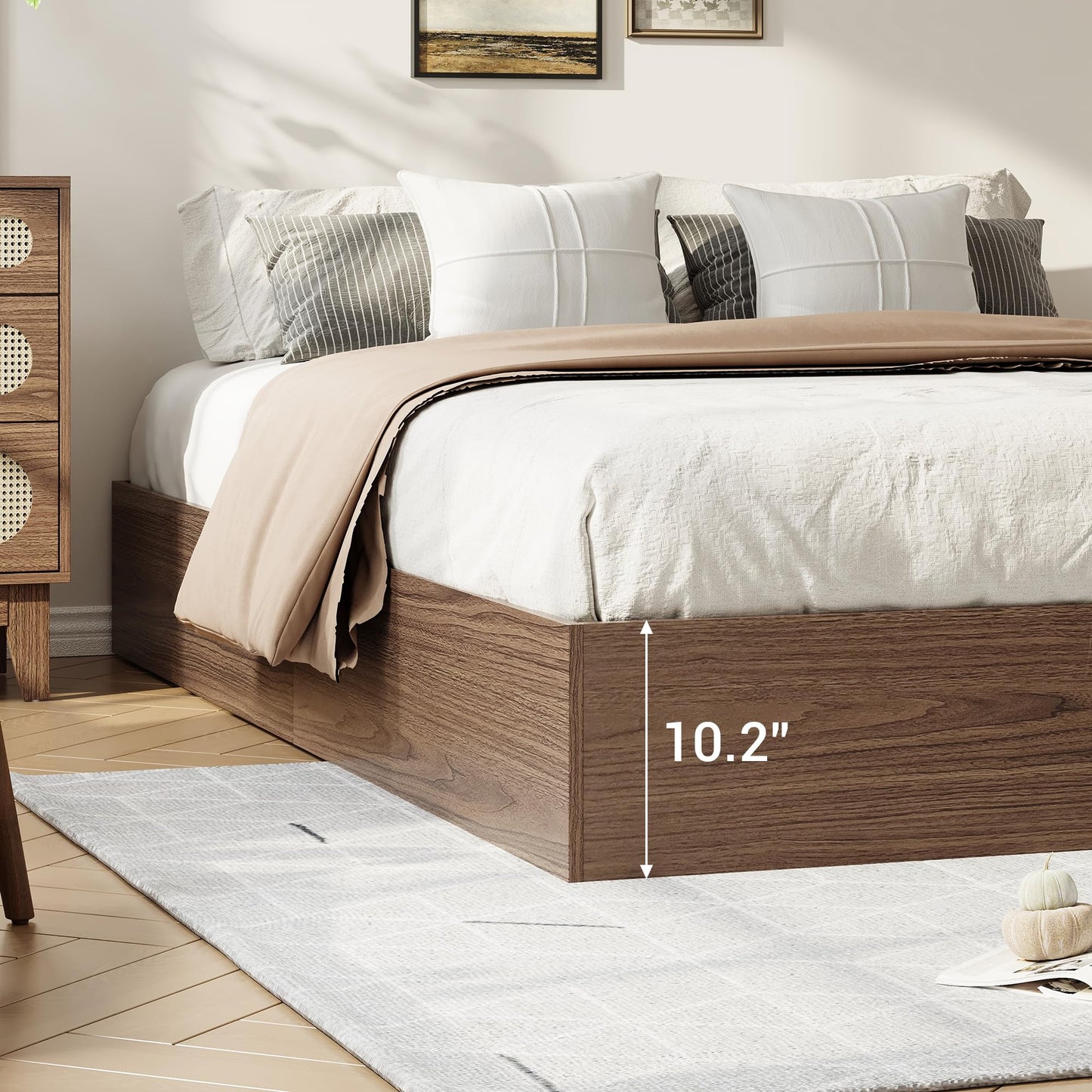 IDEALHOUSE Full Bed Frame with 2 Storage Drawers, Wooden Bed Frame Without Headboard, Minimalist Floor Platform Bed, Wood Slat Support, Noise Free, No Box Spring Needed, Easy Assembly