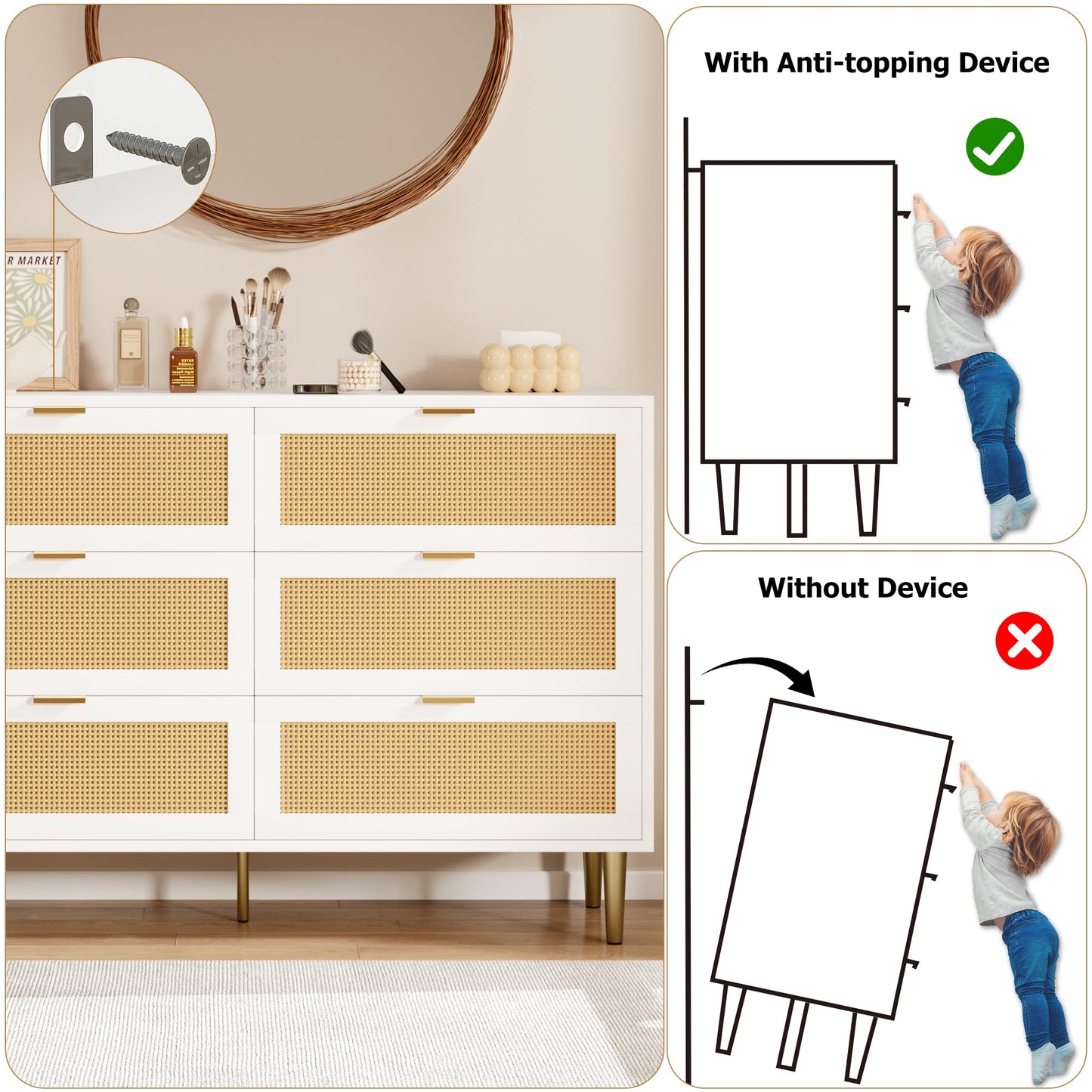 Garvee Rattan 6 Drawer Dresser, 42.5''W Wood Dresser, Chest of Drawers with Gold Legs and Handles, Double Dressers with Large Tabletop and Anti-Tipping Design for Bedroom, White