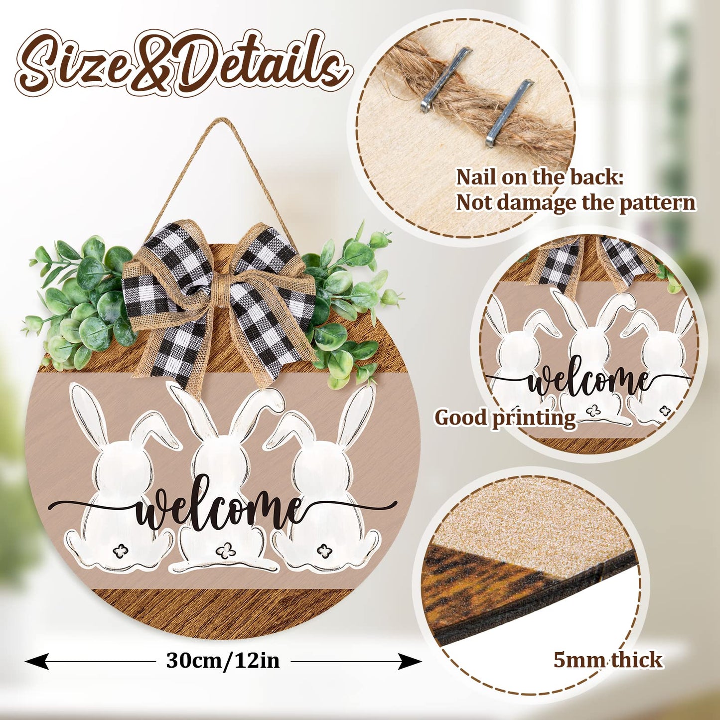 Whaline Easter Wooden Hanging Sign Bunny Rabbit Welcome Sign Door Decoration with Bow Rustic Easter Wood Wreath Sign for Spring Holiday Home Coffee Shop Bakery Farmhouse Window