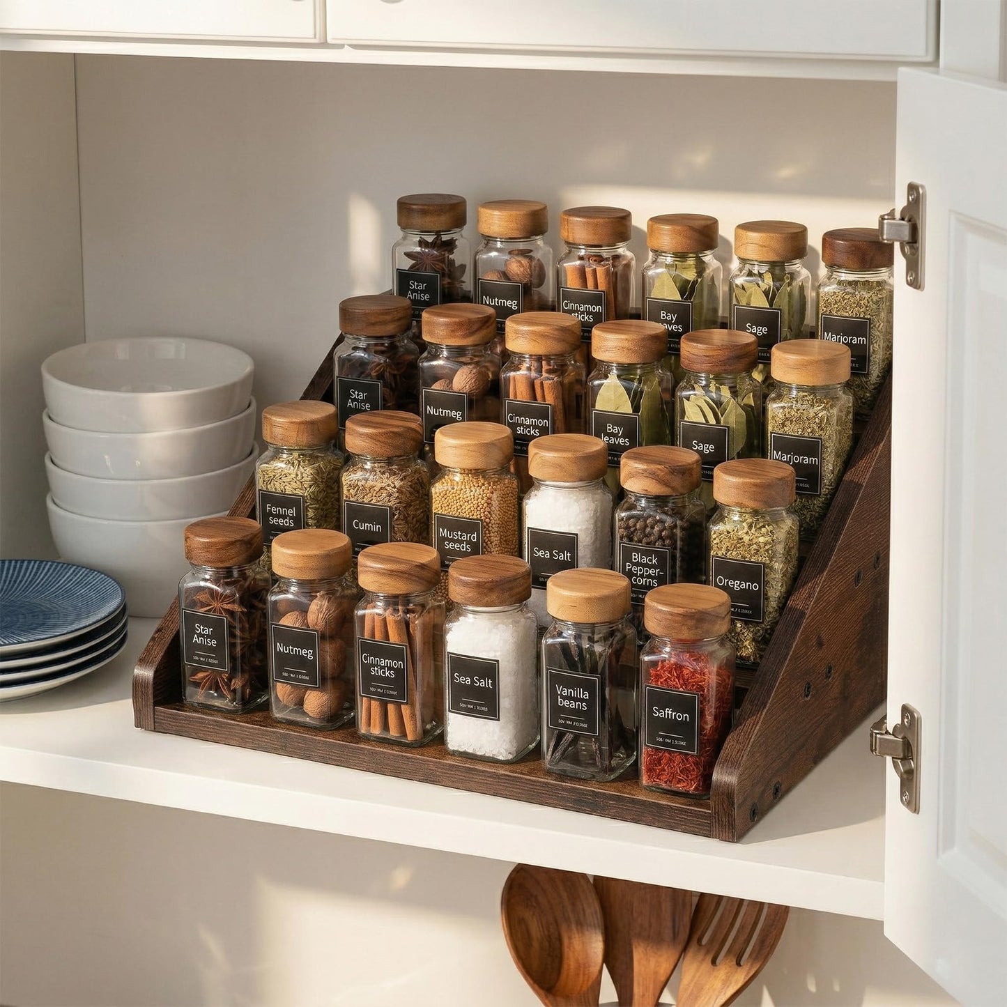 Oqqlin Wood 4 Tier Spice Rack, 13 x 10 x 6.5 Inch Wooden Tiered Spice Rack Rustic Wood Condiment Jar Display Riser Shelf for Countertop, Cabinet, Kitchen Organization (Dark Brown)
