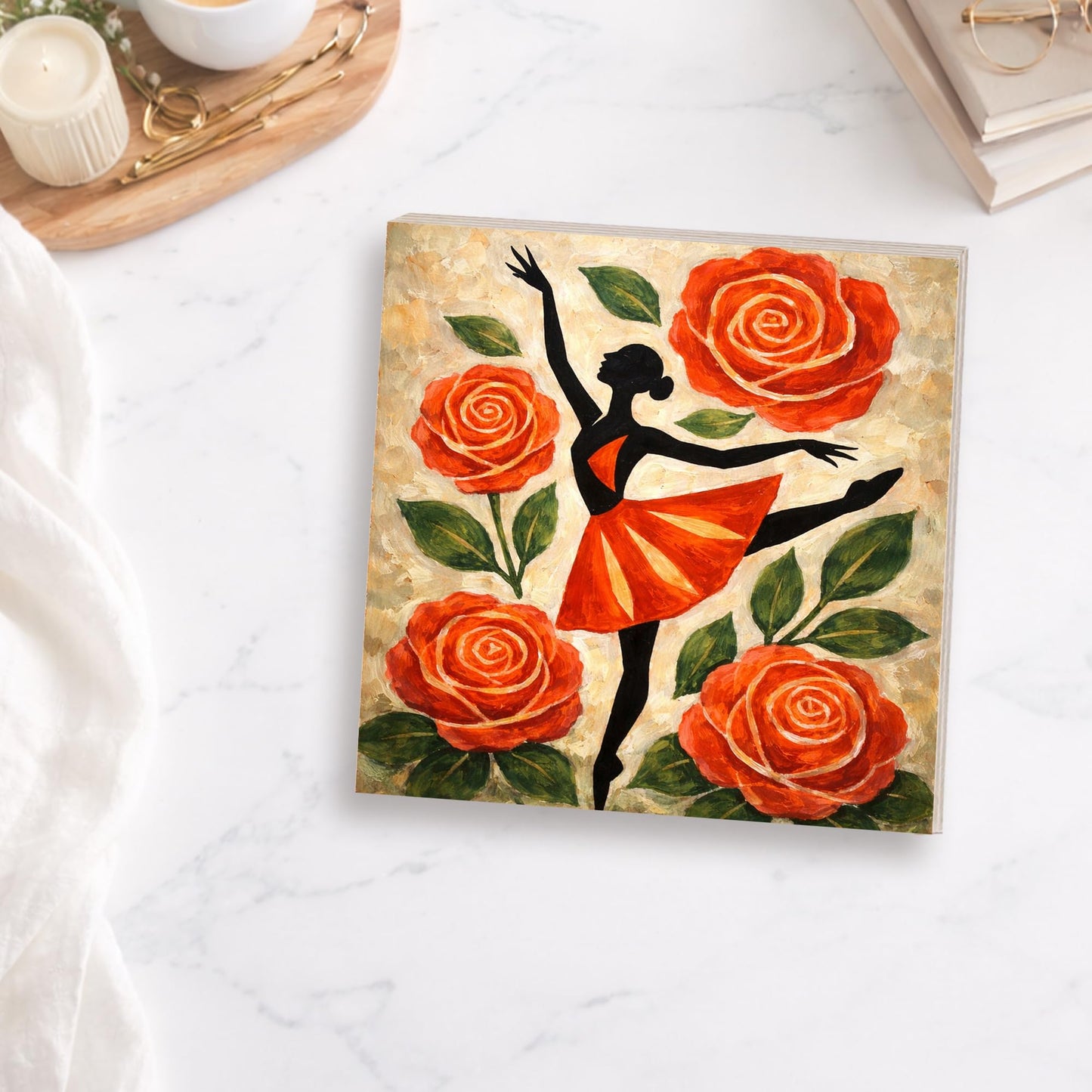 Dancer Floral Wooden Block Sign, Feminine Ballet Art Decor, Red Rose Dance Illustration Shelf Sitter, Elegant Home Table Mantel Tiered Tray Gift for Dance Lover