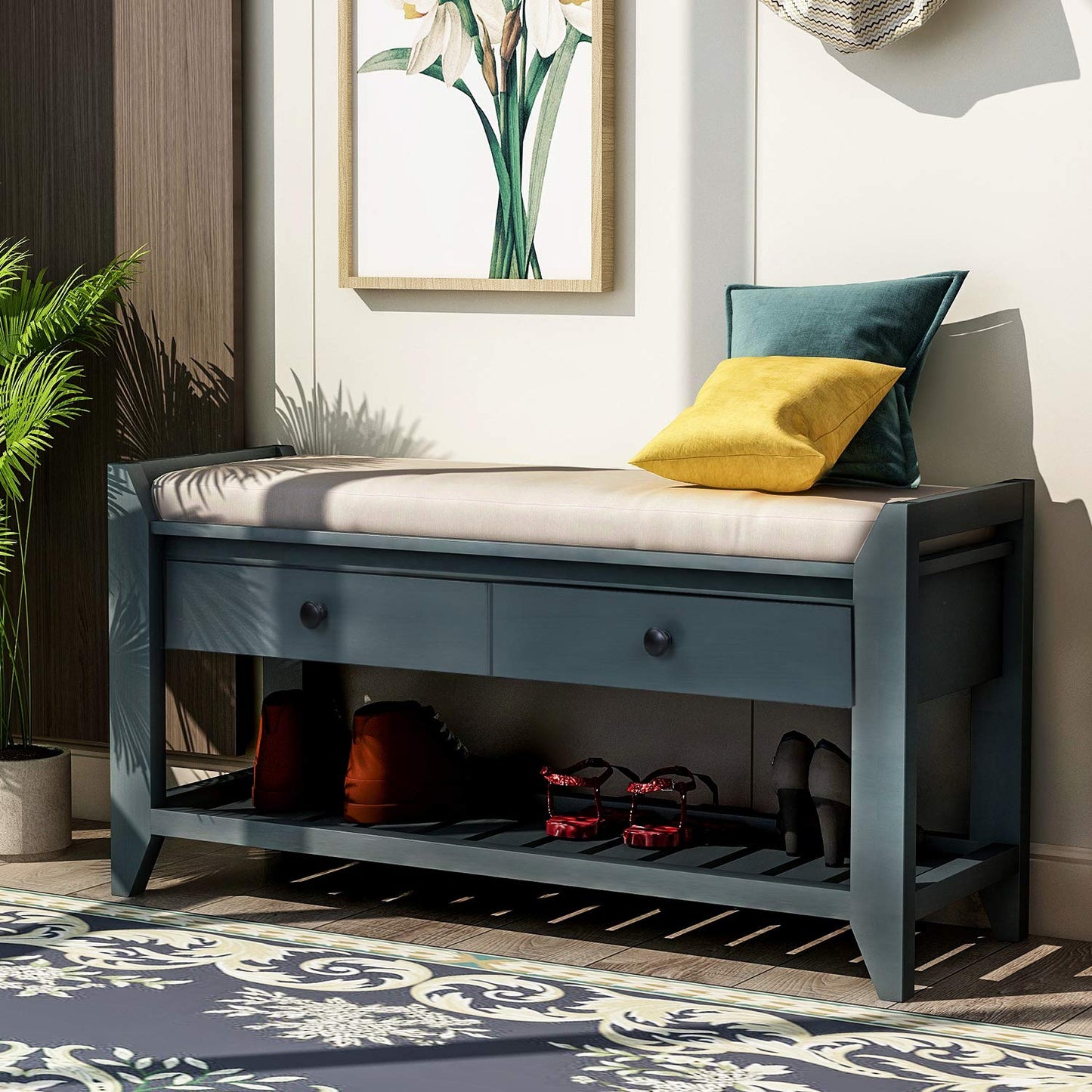 SPOFLYINN Shoe Bench, Entryway Storage Benches with Cushion Seating and Storage Drawers, Multipurpose Wooden Shoe Bench with Bottom Shelf for Entryway Hallway Living Room Bedroom Antique Navy