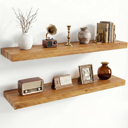 Dreamland Rustic Elm Woood Floating Shelves for Wall Decor, 32" W x 8" D x 1.5" H Floating Shelves Set of 2, Wall Mounted Deep Wooden Shelf for Living Room, Bedroom, Kitchen, Bathroom, Natural