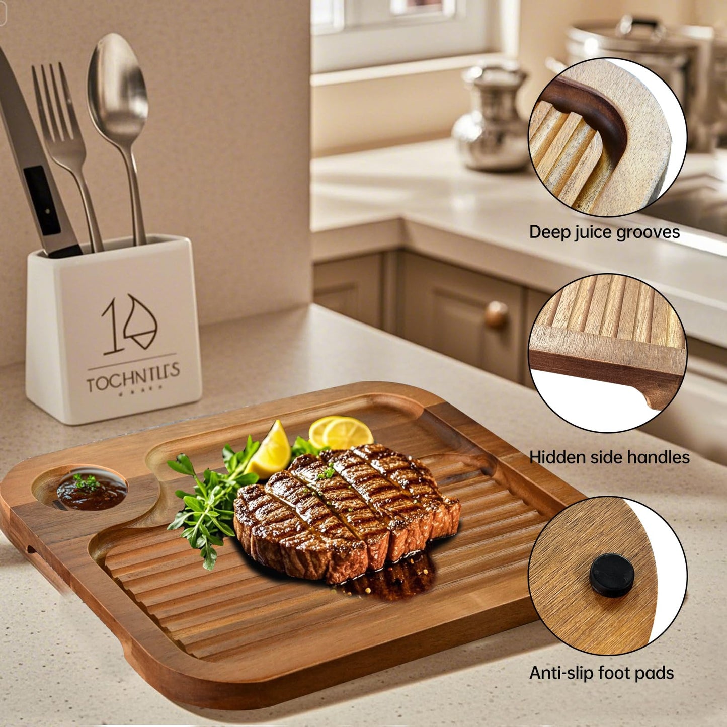 4 pcs Acacia Wood Steak Plates,Carnivore Cutting Board for Eating, Carved Meat Wooden Plate, Food Serving Tray,Cheese Charcuterie Boards with Deep Grooves & Hidden Handles