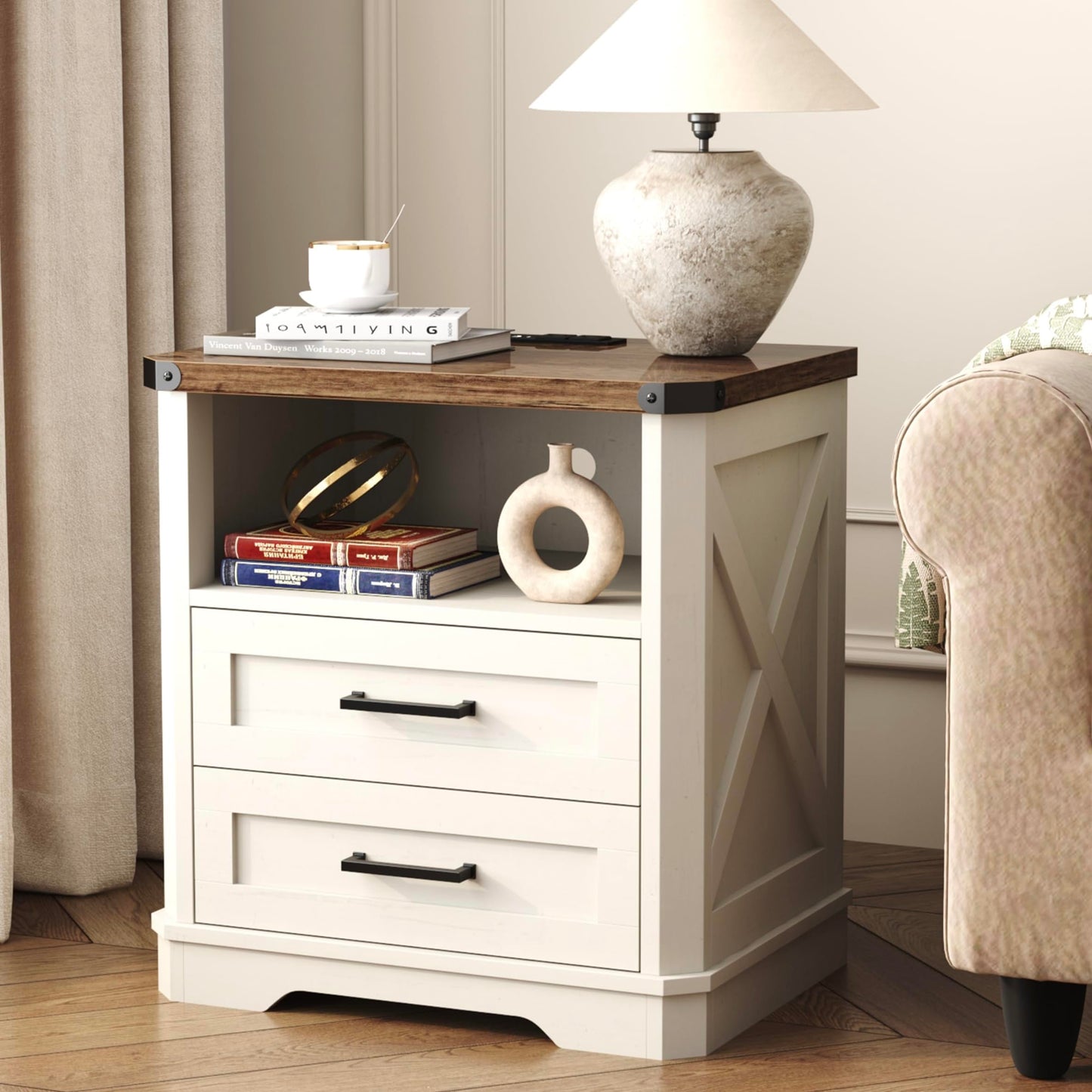 Yusong 23.62” Tall Farmhouse Nightstand, Rustic Wooden Night Stand with Charging Station, Beside Table with Drawers and Open Storage, End Tables for Bedroom, Cream White 003