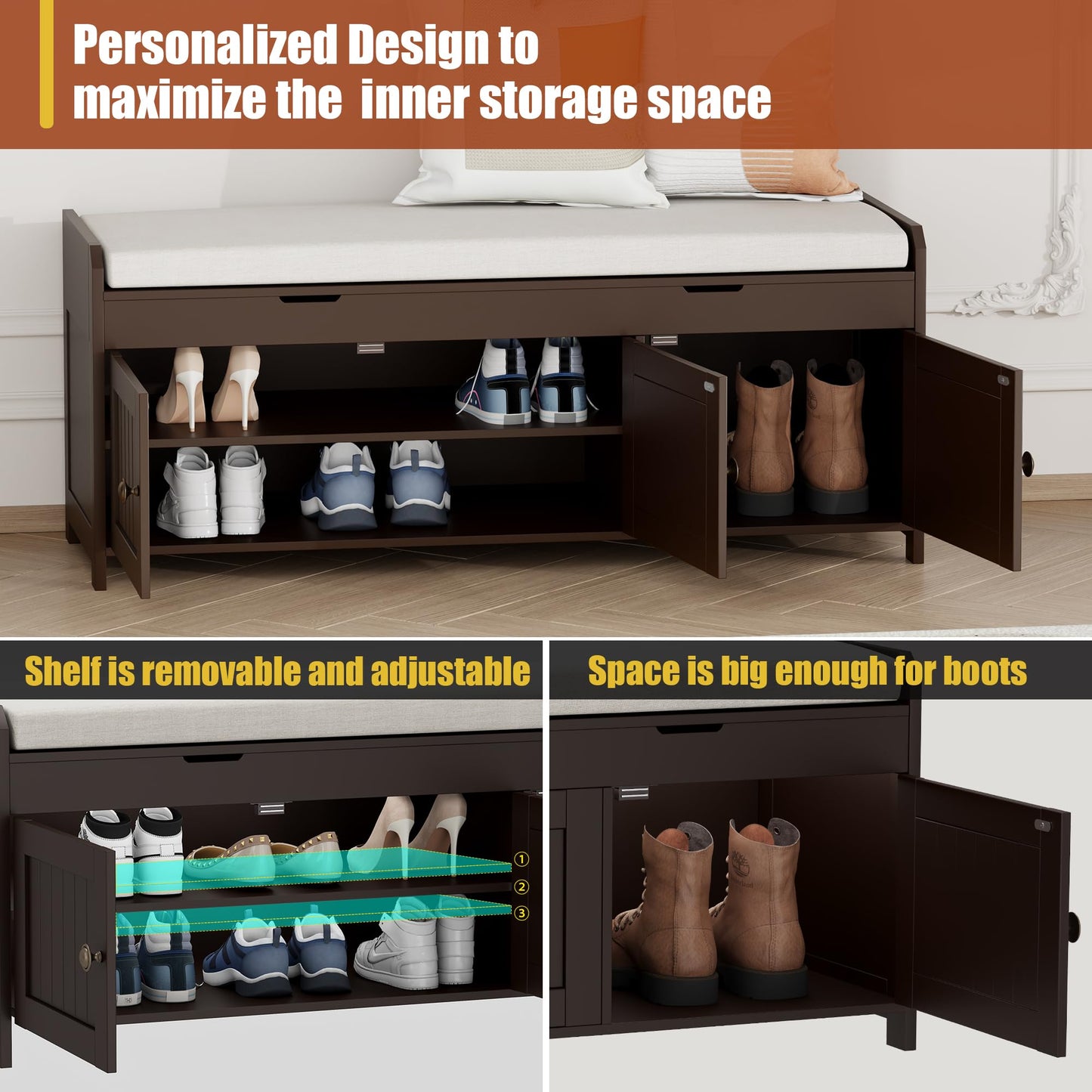 HOMEFORT 41.3" Shoe Bench with Lift Top Storage, Entryway Bench with Cushioned Seat, Wooden End of Bed Bench, Shoe Cabinet Bench with Hidden Storage Space, for Bedroom, Hallway,Espresso