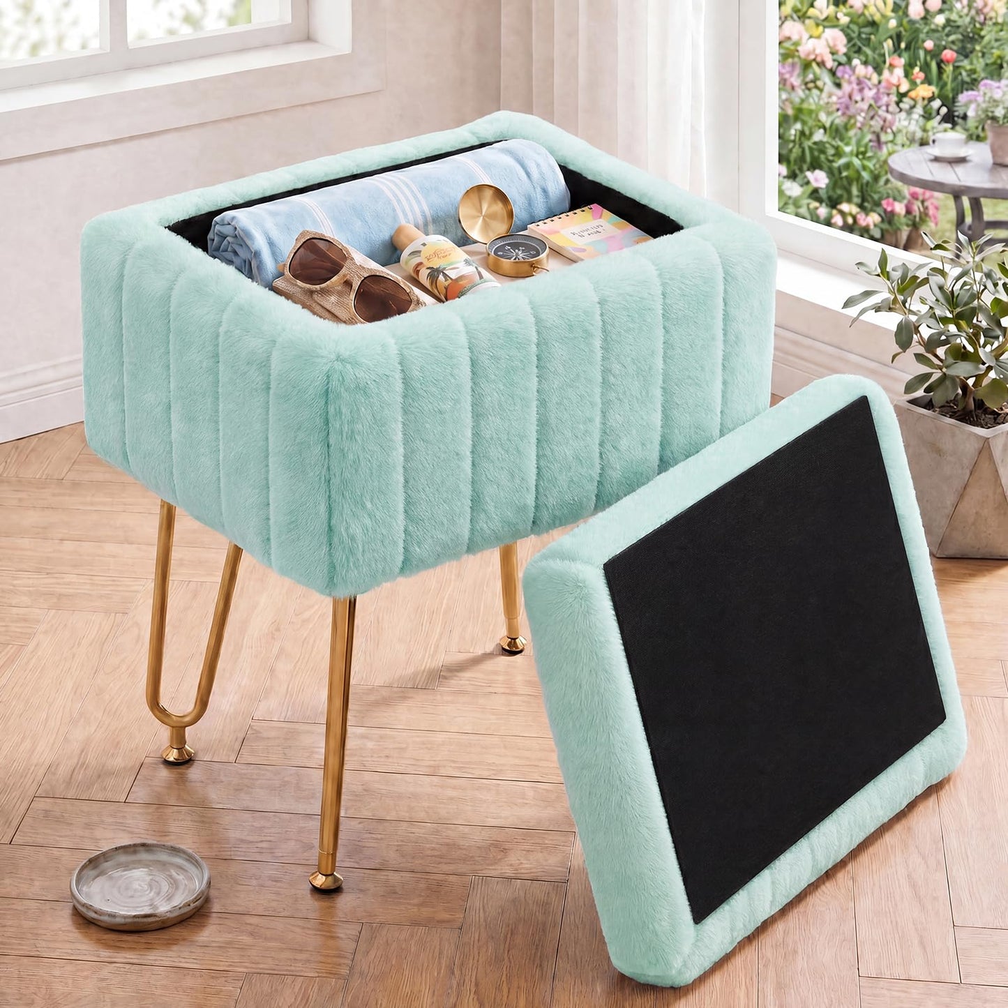 OLIXIS Vanity Stool Chair Faux Fur with Storage, Soft Ottoman 4 Metal Legs with Anti-Slip Feet, Makeup Cute Soft Small Footstool, Modern Style Faux Fur Seat for Makeup, Bedroom Dresser, Mint Green