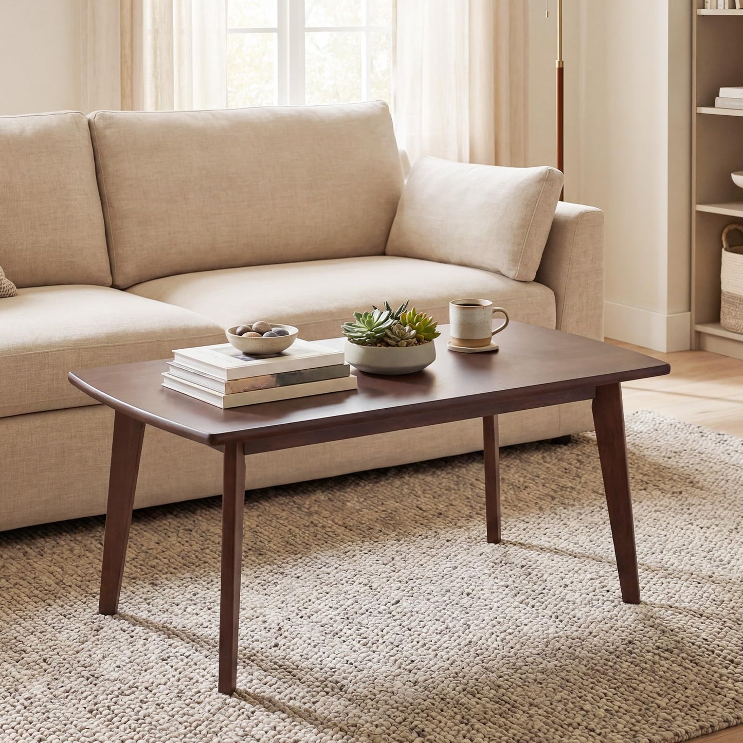 GOFLAME Solid Wood Coffee Table, 34.5" x 21" x 17" Mid-Century Modern Center Table with Storage, Curved Edges, Retro, Small Japanese Floor Table with Tapered Legs for Living Room, Apartment, Walnut
